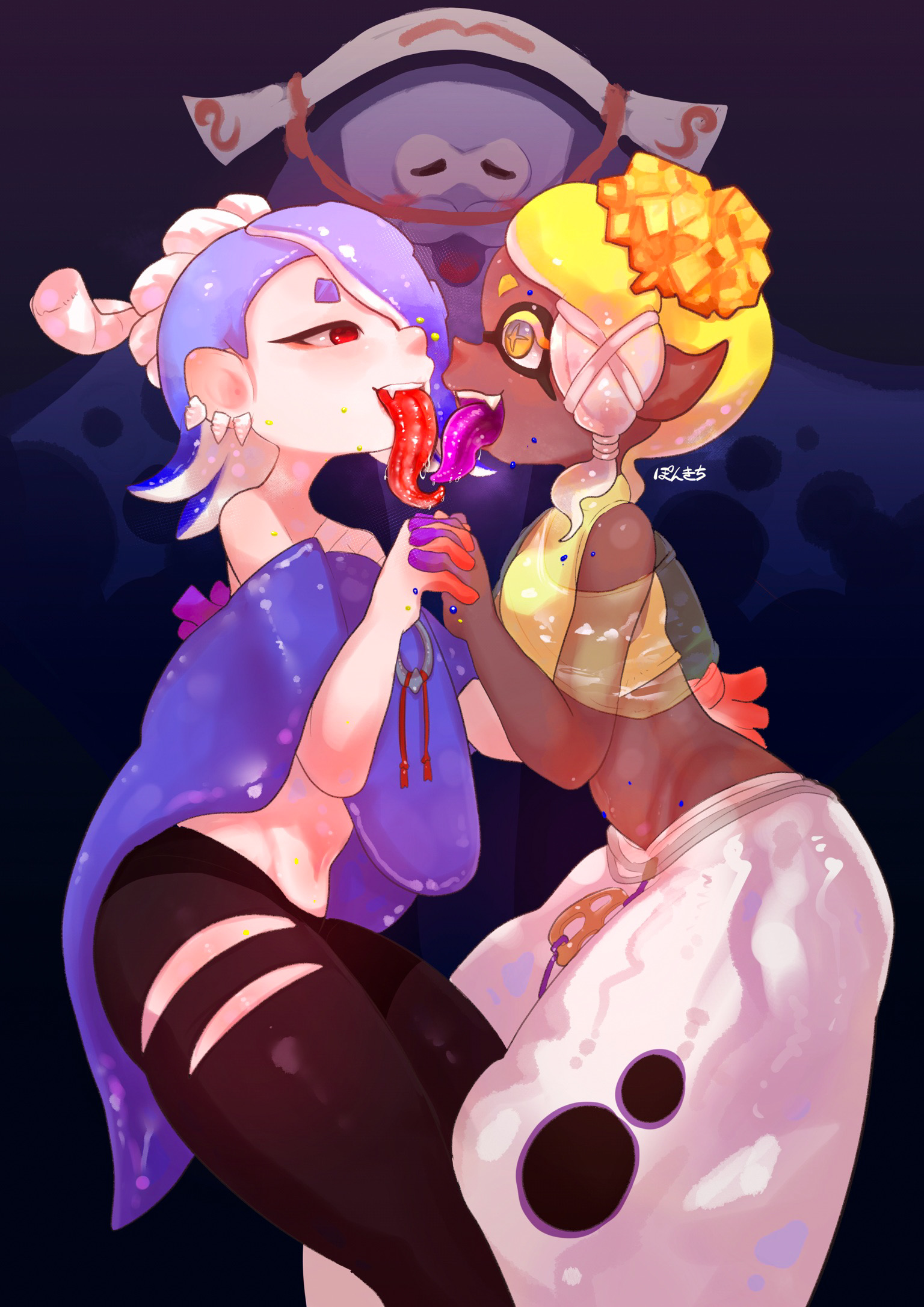 1boy, 2girls, big man (splatoon), female, french kiss, french kissing, frye (splatoon), kissing, looking at another, male, manta ray, nintendo, saliva, shiver (splatoon), splatoon, splatoon 3, tongue, tongue kiss, tongue kissing, tongue out, yuri