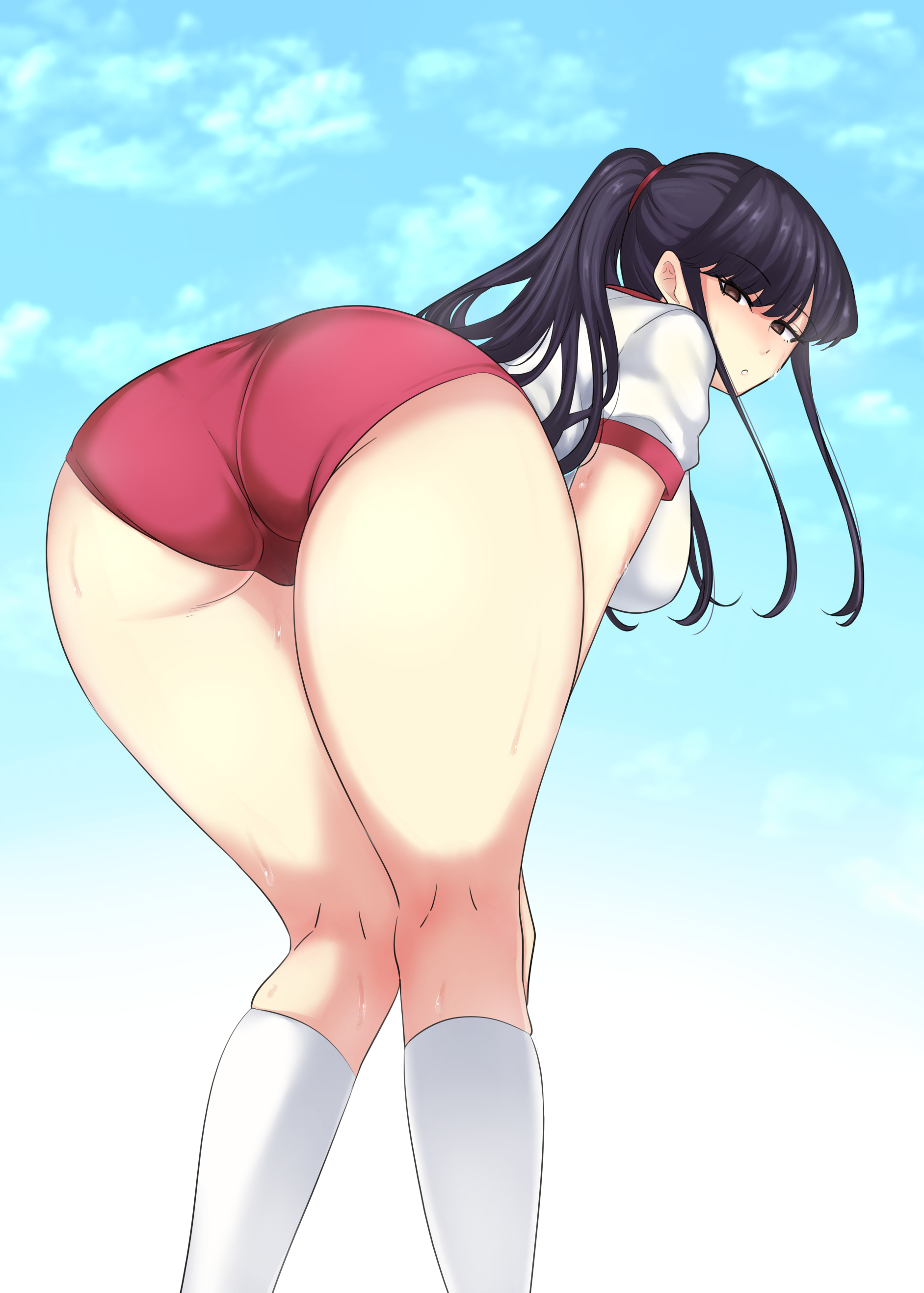 1girls, 2022, amakara shami, ass, bent over, big ass, black hair, bloomers, breasts, buruma, clothed, clothed female, clothing, female, female only, gym uniform, komi shouko, komi-san wa komyushou desu, light skin, light-skinned female, long hair, looking at viewer, looking back, low-angle view, minishorts, outdoors, outside, ponytail, shorts, simple background, socks, solo, sports uniform, sportswear, sweat, sweatdrop, thick thighs, thighs