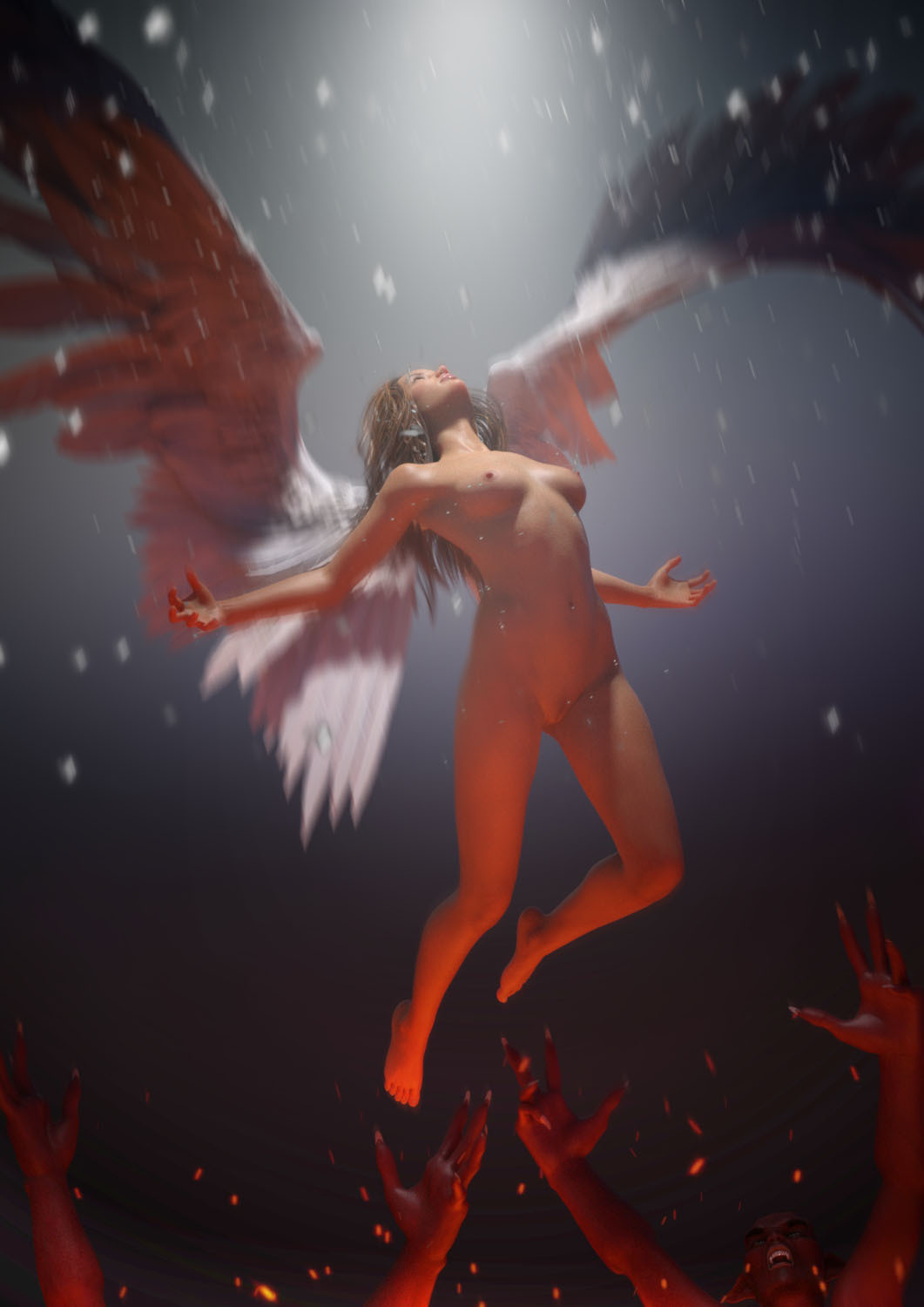 1girls 2020 3d angel angel_wings blonde_hair demon female female_focus long_hair medium_breasts midair nude nude_female slushe_(website) solo_focus staffofmagic