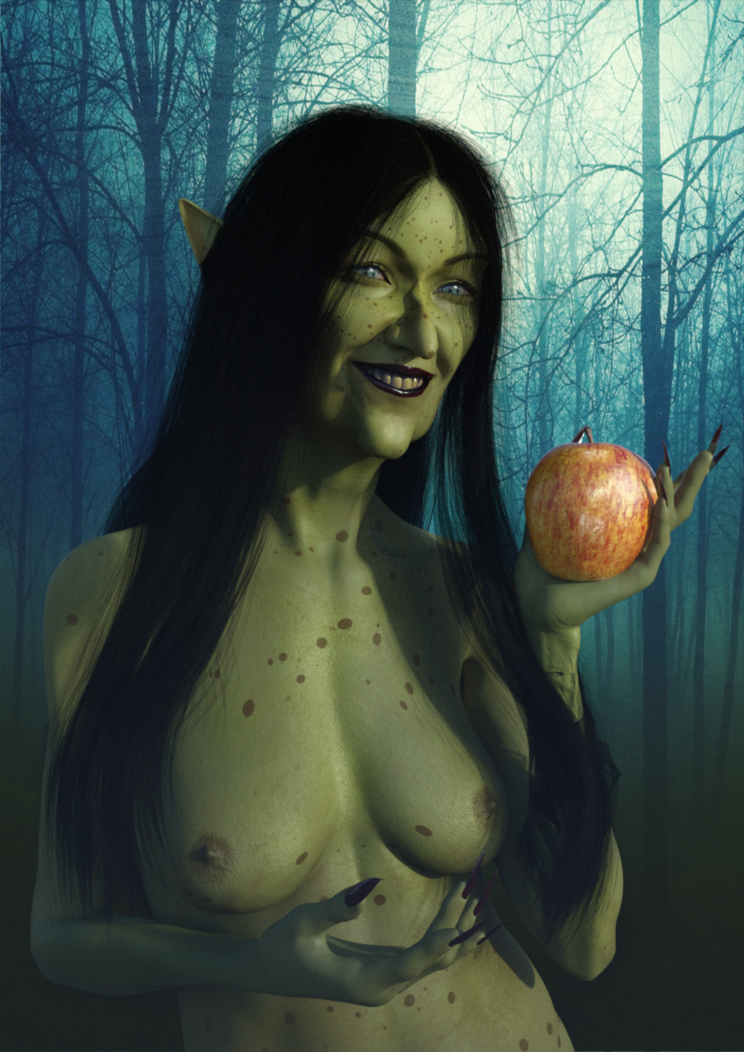 1girls 2020 3d black_hair female female_only forest forest_background green_body green_skin hag mature mature_female medium_breasts nude nude_female outdoor outdoor_nudity outdoors outside slushe_(website) smile solo solo_female staffofmagic tagme witch