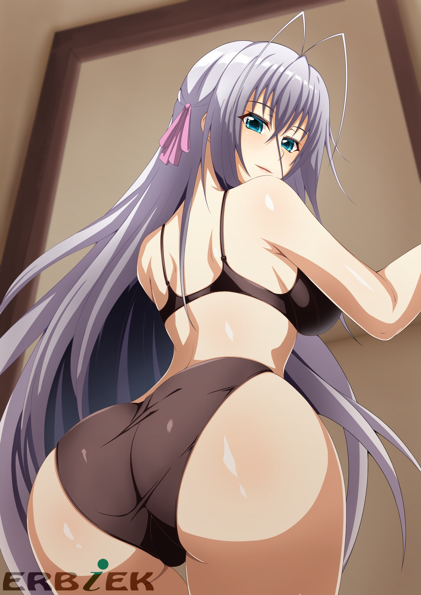 1girls, breasts, erbiek, female, high school dxd, looking at viewer, looking back, rossweisse, silver hair, solo, tagme, white legwear