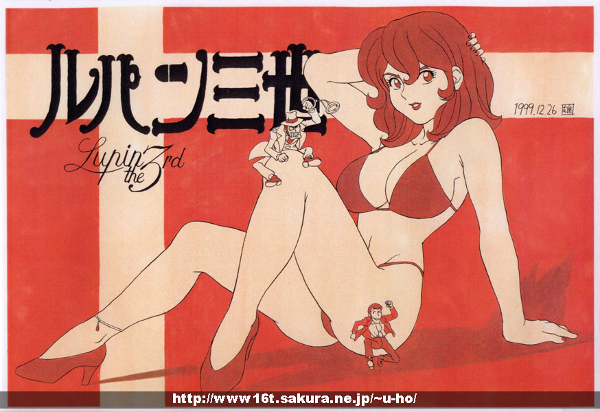 1990s 1999 1girls 20th_century 2boys anklet armpits arsene_lupin_iii artist_name ass big_ass bikini breasts chibi cleavage clothed clothing copyright_name cuffs dated female female_focus full_body hand_behind_head hat high_heels hosaka_yuuichi japanese_text large_breasts leaning_back lipstick lupin_iii makeup male manga_action matching_hair/eyes mine_fujiko miniboy monochrome multiple_boys pose red_background red_eyes red_hair red_lipstick red_theme running shadow signature simple_background sitting solo_focus source_request swimsuit text thighs tms_entertainment url watermark white_border zenigata_kouichi