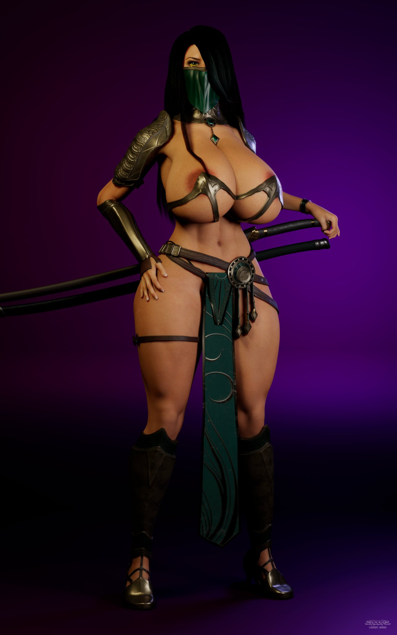 3d, areola slip, ass, beauty mark, big ass, black hair, breasts, dark skin, dark-skinned female, detached collar, farah, female, hair over one eye, hand on hip, highleg panties, huge breasts, legend of queen opala, loincloth, long hair, milf, mouth veil, pelvic curtain, shoulder armor, small waist, snoopz, standing, sword, tan body, thick thighs, weapon, wide hips