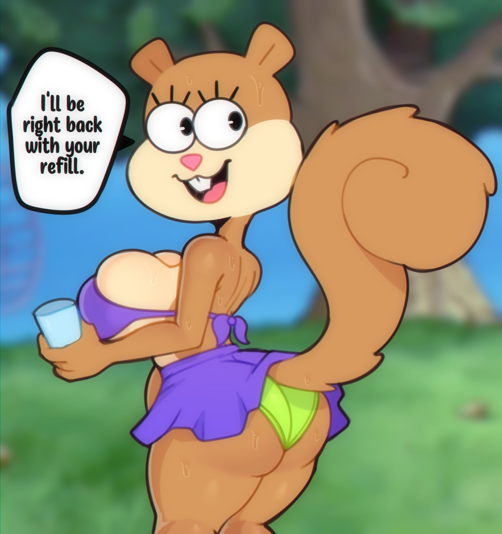 1girls, anthro, big breasts, bra, breasts, brown fur, cup, dialogue, female, female focus, female only, huge breasts, large breasts, nickelodeon, panties, sandy cheeks, skirt, smooth skin, solo, somescrub, spongebob squarepants, squirrel, sweat, text, thick thighs, wide hips