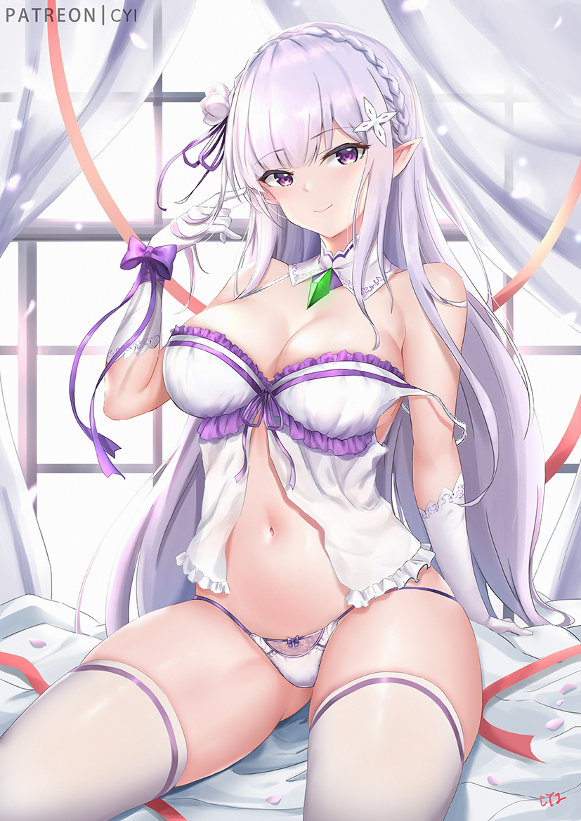 1girls big_breasts bottomless breasts clothed clothing cyi cyicheng edit edited emilia_(re:zero) light-skinned_futanari light_skin mostly_nude purple_eyes re:zero_kara_hajimeru_isekai_seikatsu solo