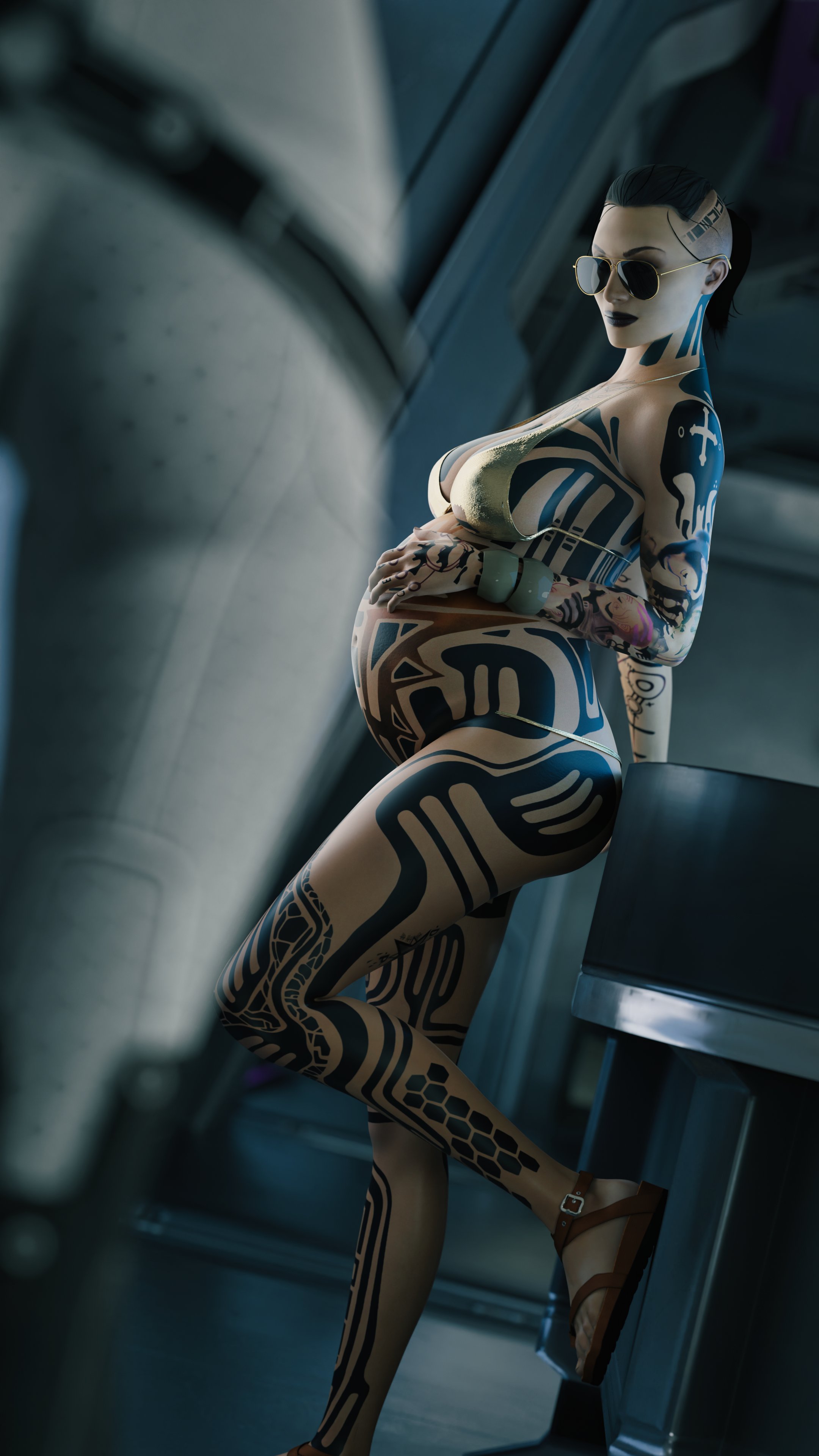 2girls, 3d, 4k, absurdres, aviator sunglasses, barely clothed, bikini, blender, breasts, clubzenny, female, female only, highres, jack (mass effect), mass effect, miranda lawson, pregnant, short hair, sunglasses, tattoo, tinted eyewear
