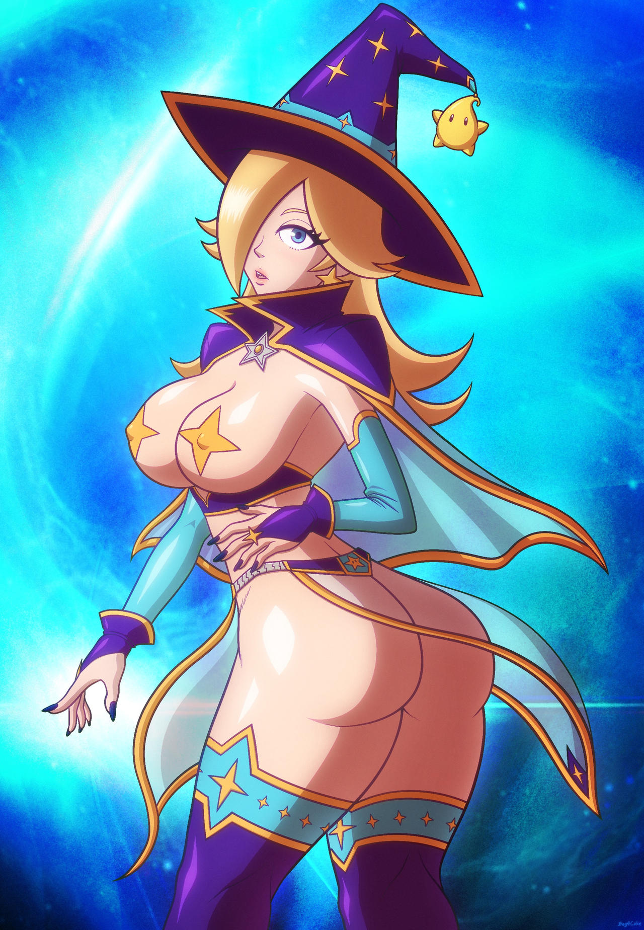 ass beg4cake blonde_hair blue_eyes cloak covered_nipples earrings hair_over_one_eye luma mage mario_(series) medium_breasts nail_polish nintendo pasties princess_rosalina super_mario_galaxy thighhighs witch wizard_hat