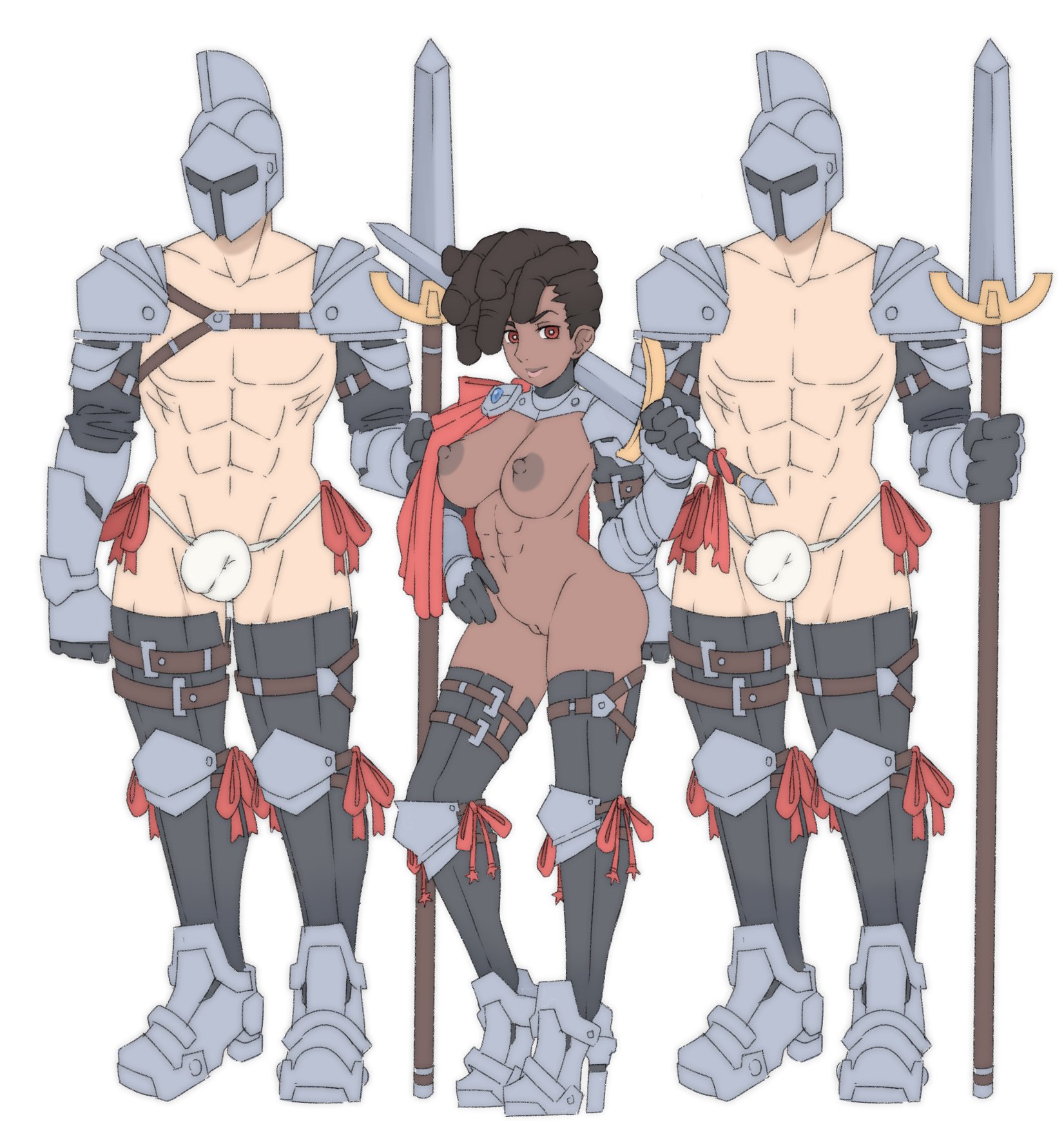 2boys, abs, armor, breasts, cape, dark skin, female, functionally nude, helmet, jockstrap, krahe, large breasts, male, naked footwear, nipples, nude, pussy, soldier, spear, standing, sword, white background