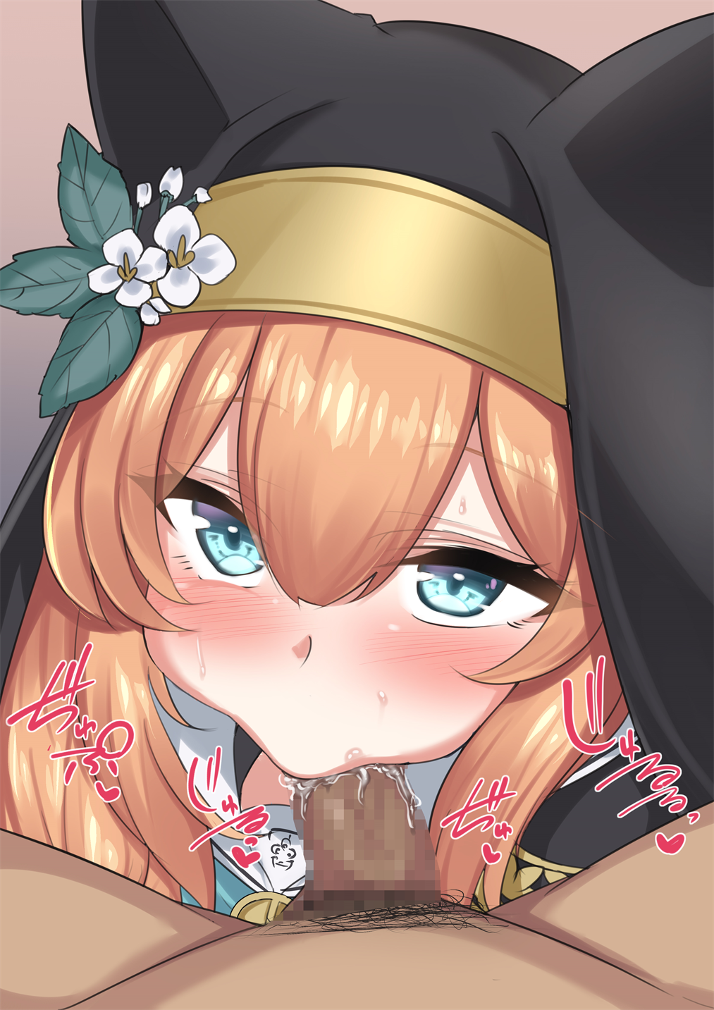 1boy animal_ears blue_archive blue_eyes blush censored close-up clothed_female_nude_male deepthroat ebon fellatio female flower fox_ears from_above hair_flower hair_ornament highres long_hair looking_at_viewer male male_pubic_hair mari_(blue_archive) nude nun oral orange_hair penis pov pubic_hair purple_background redhead saliva simple_background sisterhood_(blue_archive) solo_focus straight trinity_general_school_student