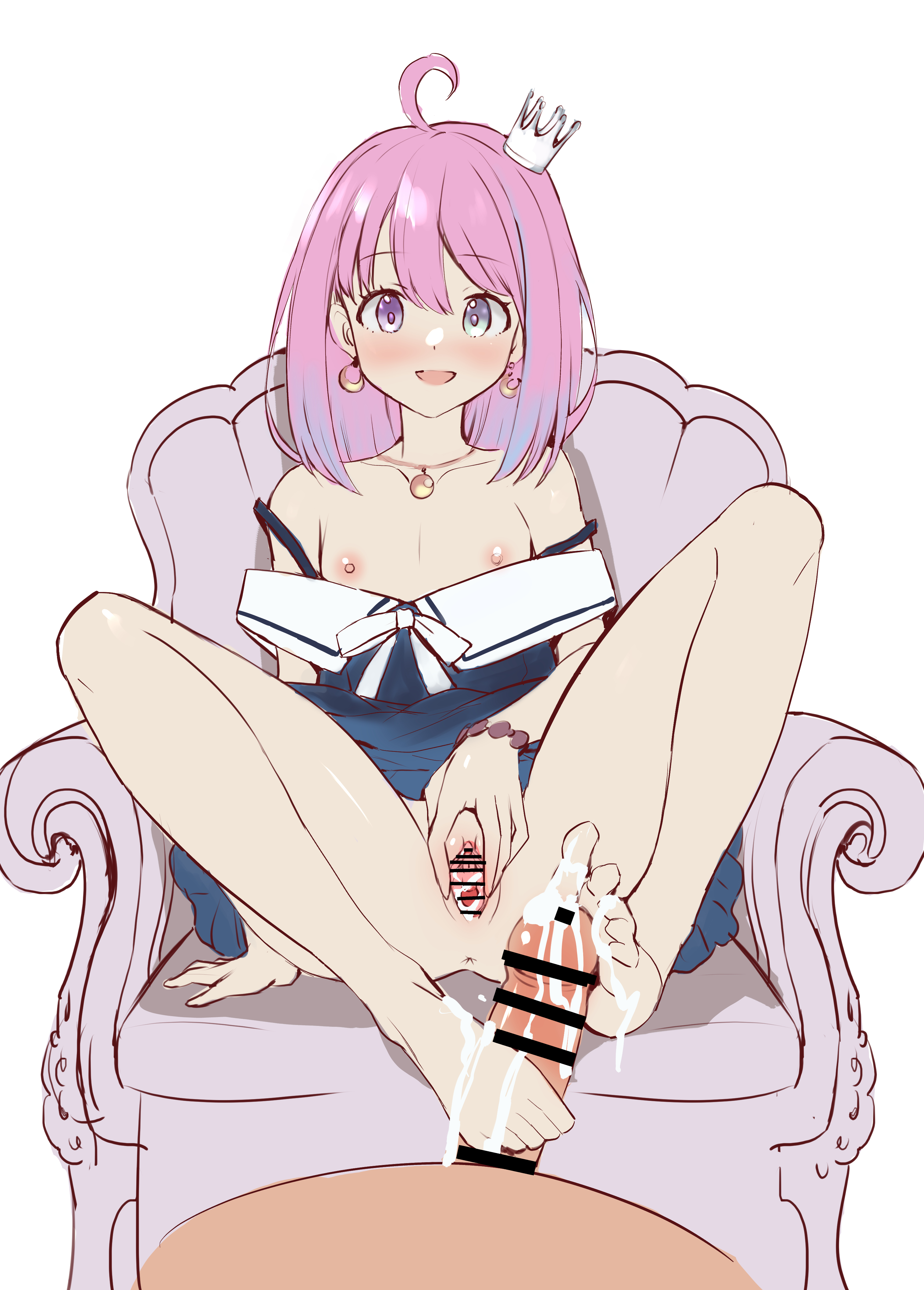 1boy, 1girls, ahoge, blue dress, blush, blushing at partner, blushing at viewer, bob cut, bob hair, breasts, breasts out, censor bar, censored, censored penis, censored pussy, crown, cum, cum on feet, cumming, earrings, ejaculation, eyebrows visible through hair, feet, feet on penis, female, female focus, foot fetish, footjob, golden earrings, gradient hair, green eyes, heterochromia, high resolution, highres, himemori luna, holoforce, hololive, hololive japan, light skin, light-blue hair, light-skinned female, male, male orgasm, male pov, nipples, on sofa, pale skin, pale-skinned female, penis, pink eyes, pink hair, pink nipples, pov, princess, pukara, pussy, short hair, small breasts, smiling at partner, smiling at viewer, spread legs, spread pussy, straight, streamer, stroking penis, viewer perspective, virtual youtuber, vtuber, wet pussy, younger female, youtuber