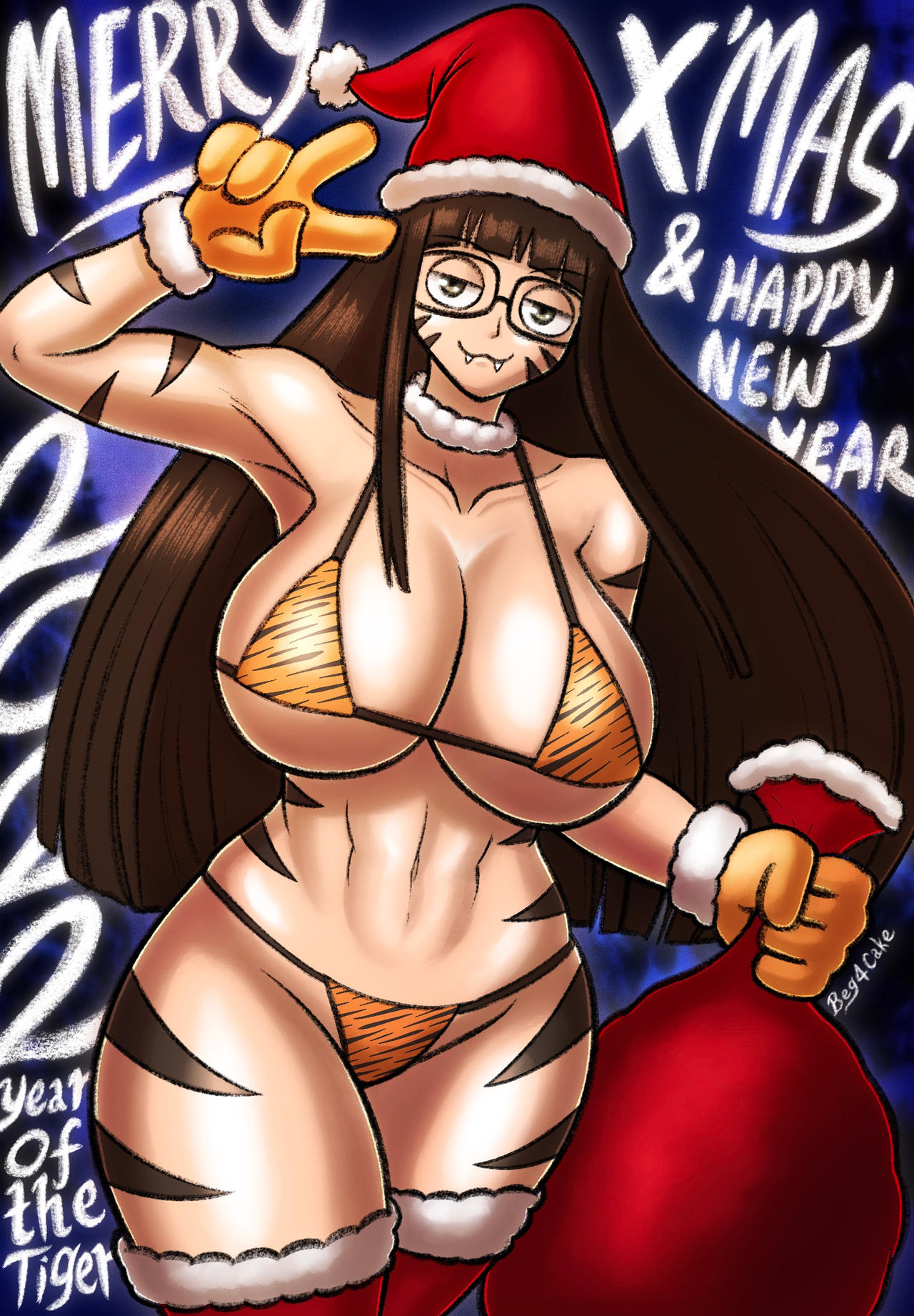 1girls armpits beg4cake beggy_(beg4cake) big_breasts breasts brown_hair christmas glasses light-skinned_female light_skin long_hair looking_at_viewer new_year original_character peace_sign santa_hat smiling_at_viewer text thighhighs thighs voluptuous