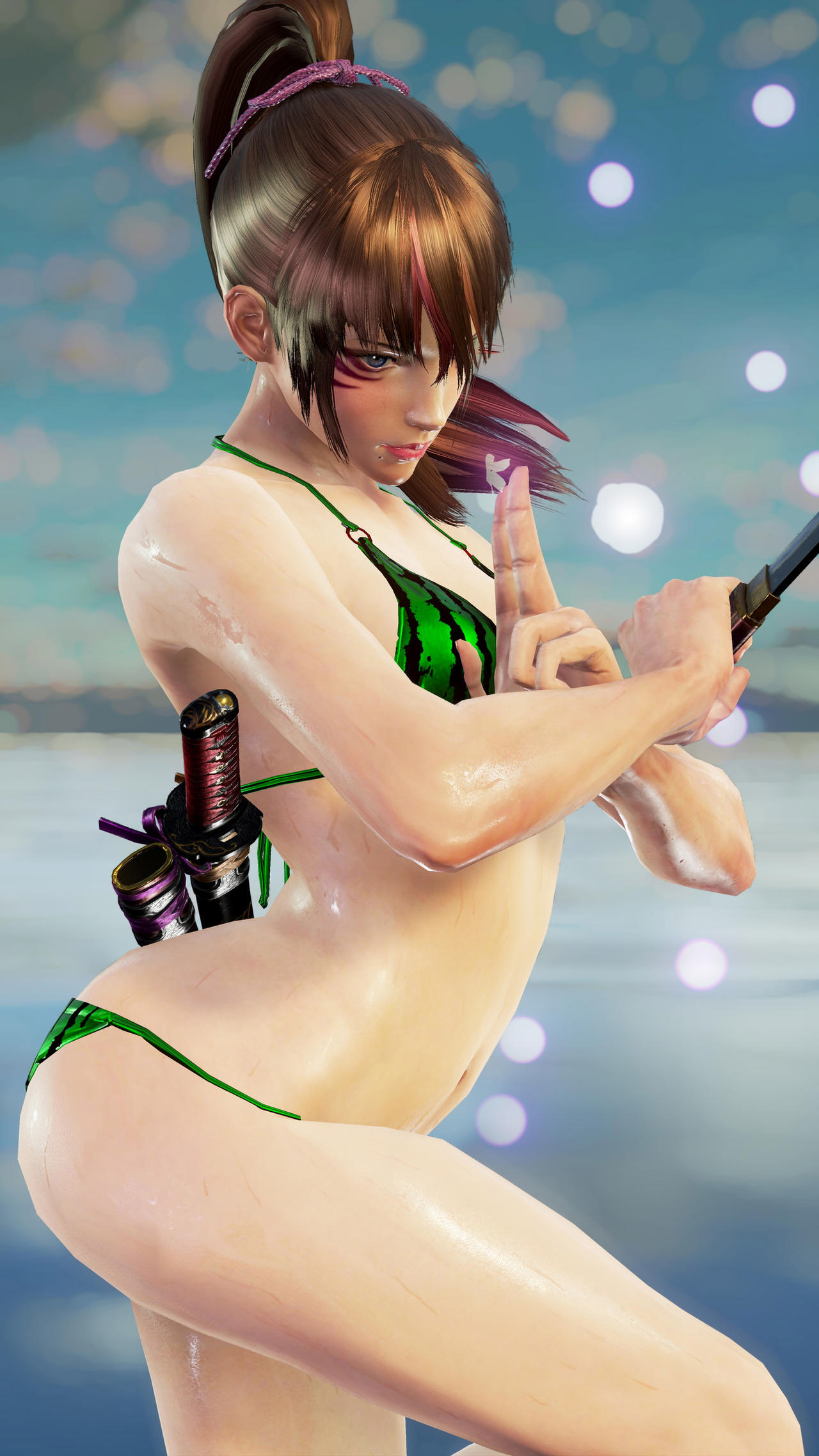 alluring bikini facial_markings infinite_azure katana kazuhiroclove kunimitsu_ii kunoichi namco posing salar_de_uyuni swimsuit tekken tekken_7 watermelon_bikini