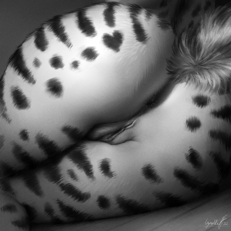 anthro anus ass butt_focus digital_media_(artwork) felid feline felis female fur genitals lying lynxwolf lynxwolf2 mammal monochrome nude on_side presenting presenting_hindquarters pussy rivka_(sausysandwich) serval simple_background solo spots spotted_body spotted_fur