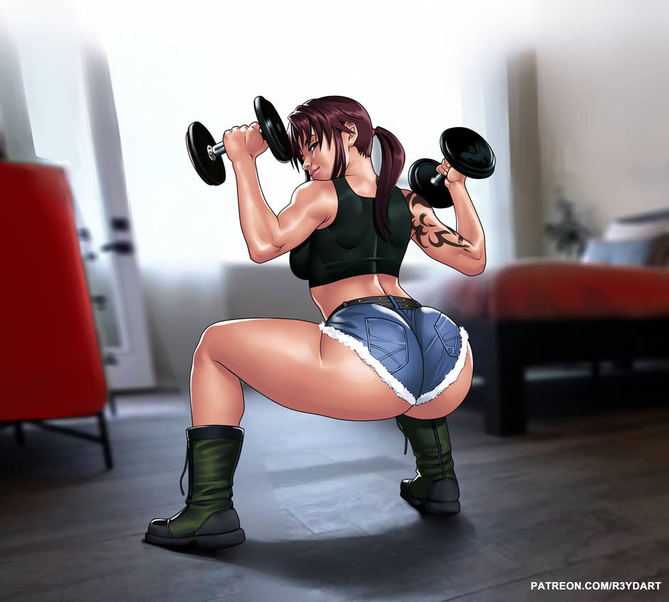 1girls, arm tattoo, ass, belt, big ass, big butt, black lagoon, brown eyes, brown hair, bubble ass, bubble butt, clothed, clothes, clothing, curvaceous, daisy dukes, denim, denim shorts, female, female focus, female only, large ass, light skin, light-skinned female, long hair, looking at viewer, looking back, ponytail, r3ydart, revy, short shorts, shorts, smile, solo, solo female, solo focus, squatting, tank top, tattoo, tied hair, tribal tattoo, voluptuous, weights, wide hips