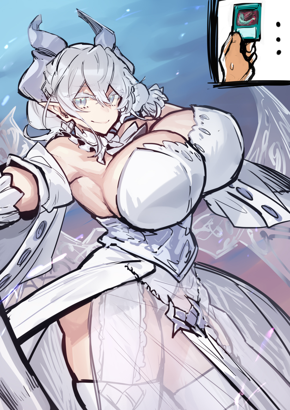 big breasts, breasts, cleavage, curvy, demon, demon girl, demon horns, dress, duel monster, feathered wings, female, harpie feather duster, horns, huge breasts, konami, labrynth of the silver castle, light skin, light-skinned female, lovely labrynth of the silver castle, mature female, melon22, pale skin, pale-skinned female, pointy ears, short hair, silver hair, thick thighs, thighhighs, white eyes, yu-gi-oh!, yu-gi-oh! master duel