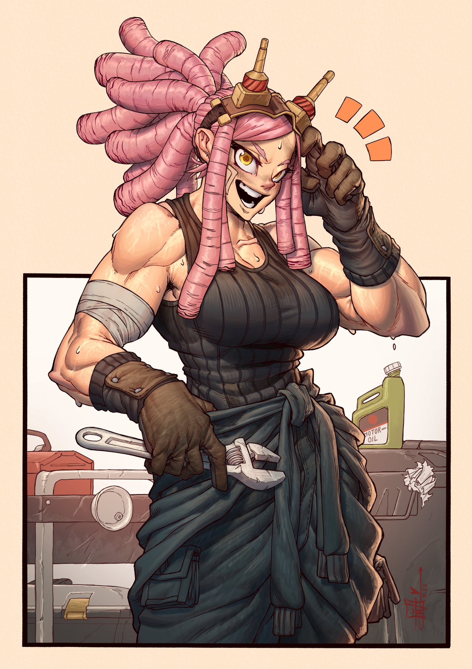 1girls, big breasts, breasts, detailed background, detailed shading, female, gloves, goggles, goggles on head, golden eyes, josephvirtuoso, looking at viewer, mechanic, mei hatsume, muscular, muscular female, my hero academia, pink hair, pink-haired female, shueisha, smile, sweat, tank top, wrench