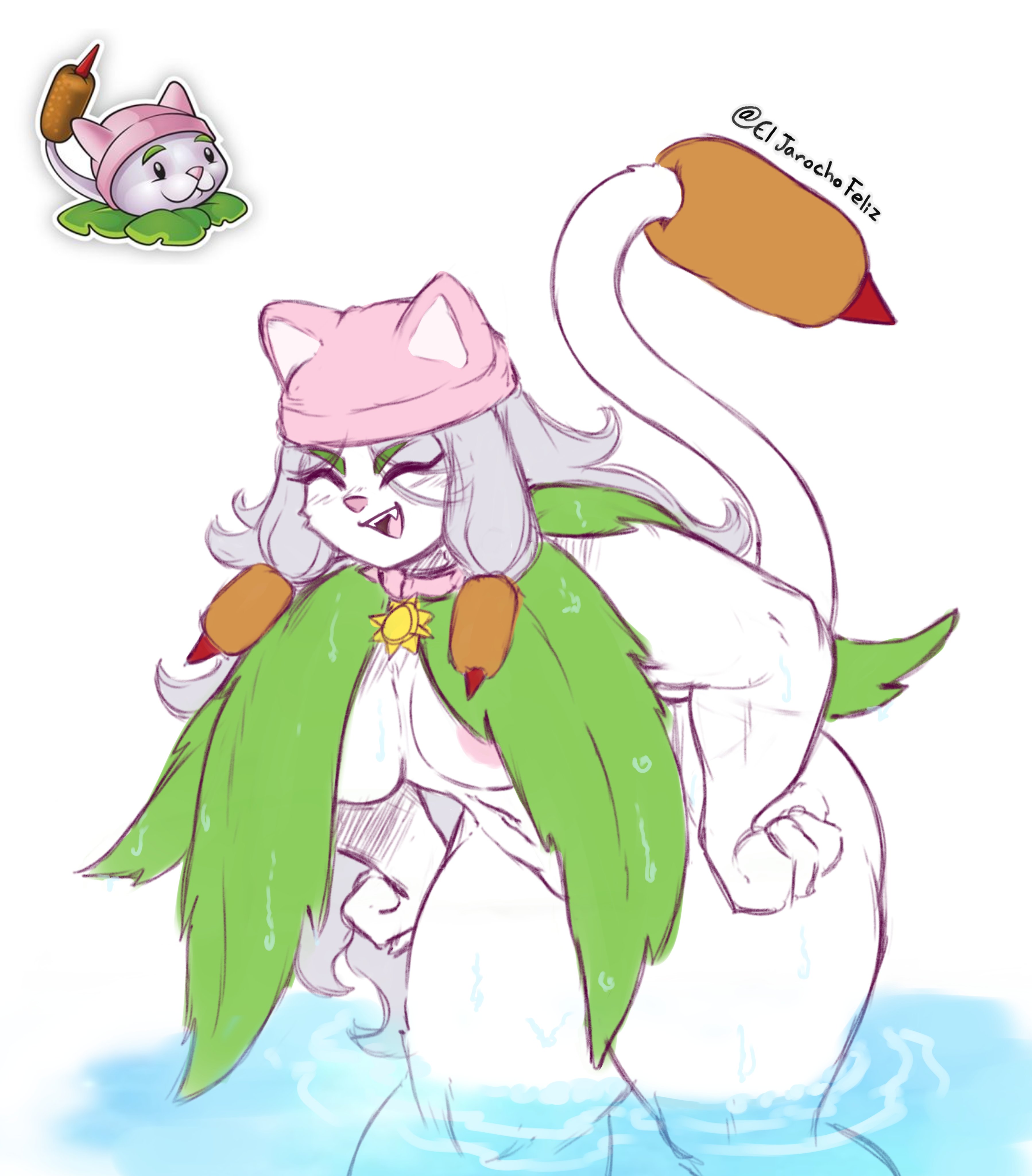anthro, anthrofied, areola, areolae, areolae peeking, cat ears, cat humanoid, cattail (pvz), eljarochofeliz, feline, feline humanoid, plantie, plants vs zombies, smile, thick thighs, water, white fur, wide hips