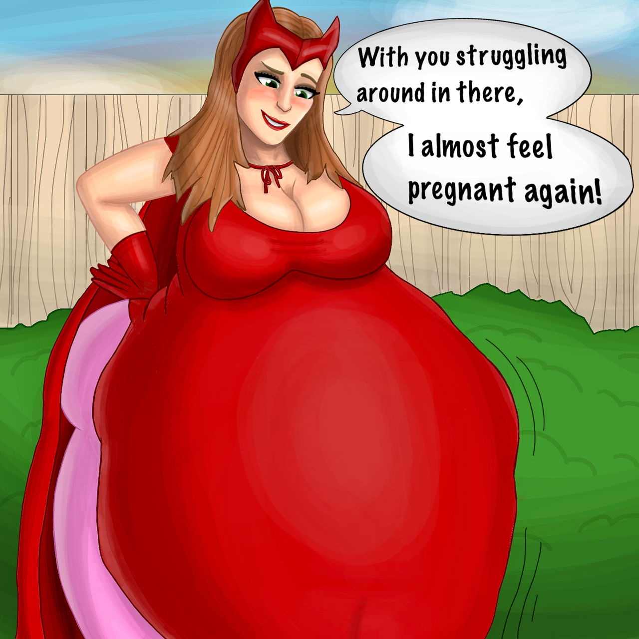 1girls belly big_belly big_breasts breasts cleavage clothing dialogue female female_pred huge_belly large_breasts marvel marvel_cinematic_universe red_hair same_size_vore scarlet_witch siredwardthethird text vore wanda_maximoff wandavision