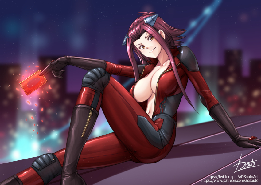 adsouto akiza_izinski bodysuit brown_eyes brown_high_heel_boots cleavage female izayoi_aki large_breasts motorcycle_suit open_bodysuit pilot_suit red_hair short_hair smile thick_thighs thighs uncensored unzipped unzipped_bodysuit wide_hips yu-gi-oh! yu-gi-oh!_5d's