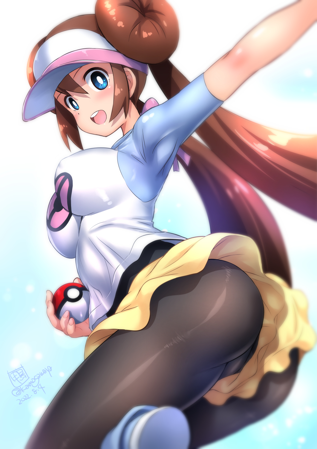 1girls, ass, ass focus, below view, big breasts, blue eyes, blush, breasts, brown hair, erect nipples, female, female only, game freak, happy, hat, kamogawa tanuki, legwear, long hair, nintendo, nipples, open mouth, pantyhose, pokemon, pokemon (game), pokemon bw2, rosa (pokemon), skirt, smile, solo, solo female, tagme, thighs, twintails, very long hair