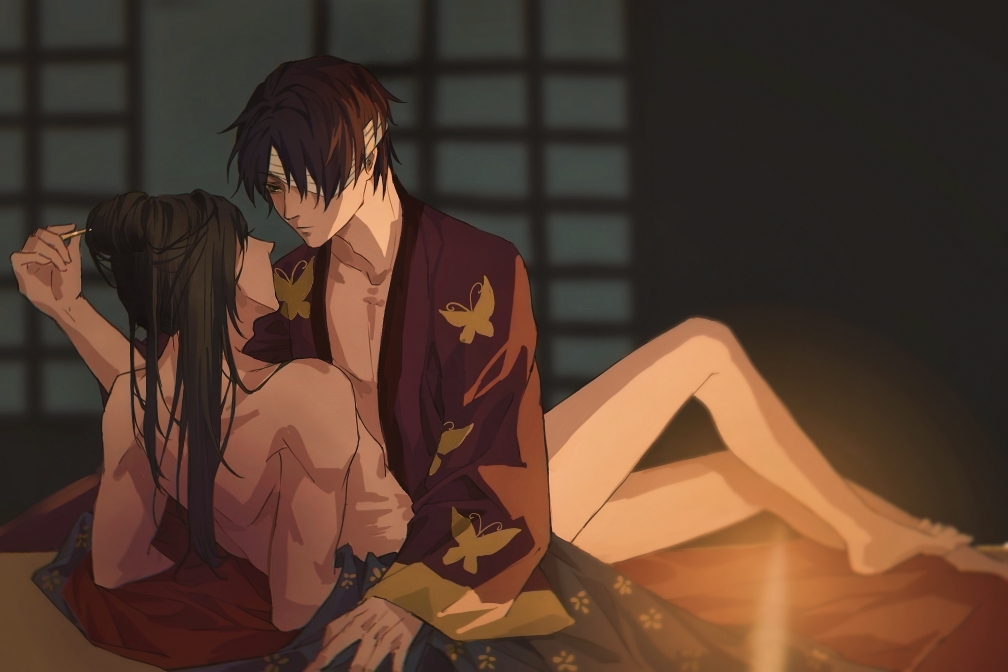 2boys bandages bare_legs barefoot black_hair crossdressing eye_patch gay gintama hair_bun hair_ornament imminent_sex indoors intimate japanese_clothes katsura_kotarou kimono long_hair long_hair_male looking_at_another male male_only open_clothes open_kimono partially_clothed romantic_ambiance shouji takasugi_shinsuke yaoi zurako