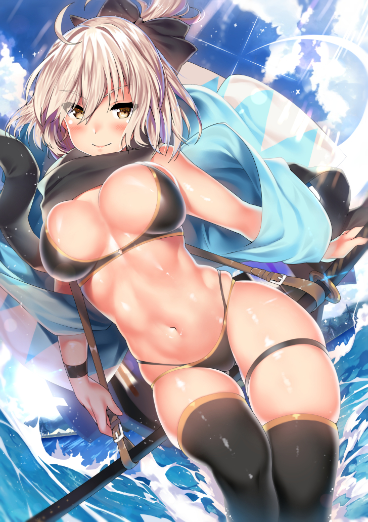 ahoge bare_shoulders bikini black_bikini black_scarf black_thighhighs blonde_hair blue_sky blush bow breasts cleavage closed_mouth collarbone fate/grand_order fate_(series) female hair_between_eyes hairbow half_updo haori japanese_clothes katana kawai_(purplrpouni) large_breasts looking_at_viewer navel ocean okita_j._souji_(fate) okita_souji_(fate) okita_souji_(koha-ace) scarf short_hair sky smile solo swimsuit sword thighhighs thighs weapon