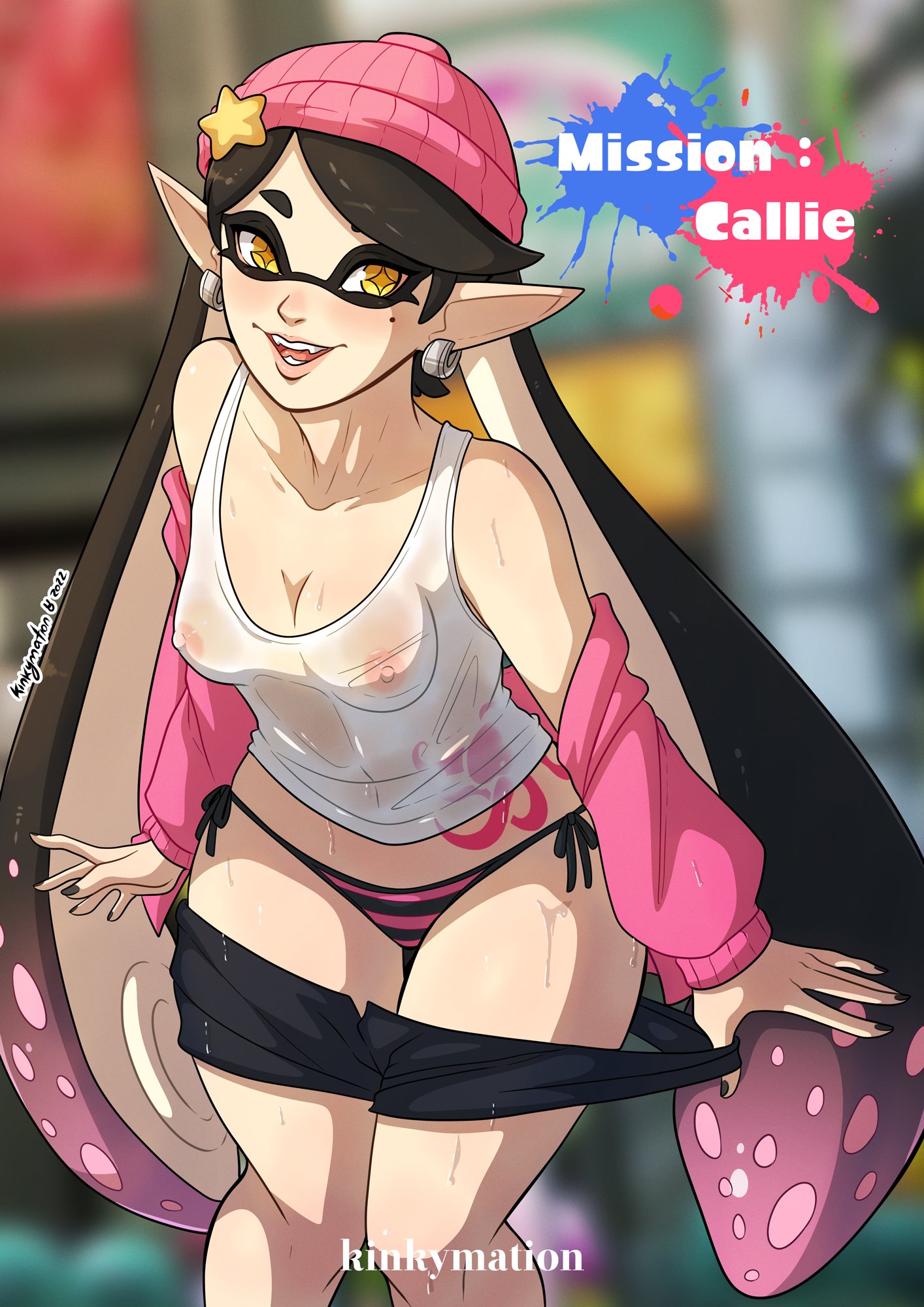 1girls, areolae, breasts, breasts visible through clothing, callie (splatoon), comic cover, female, female only, hi res, inkling, inkling girl, kinkymation, looking at viewer, nipples, nipples visible through clothing, pointy ears, smiling at viewer, solo, splatoon, splatoon (series), squid sisters, symbol-shaped pupils, tattoo, tentacle hair, undressing, wet clothes, yellow eyes