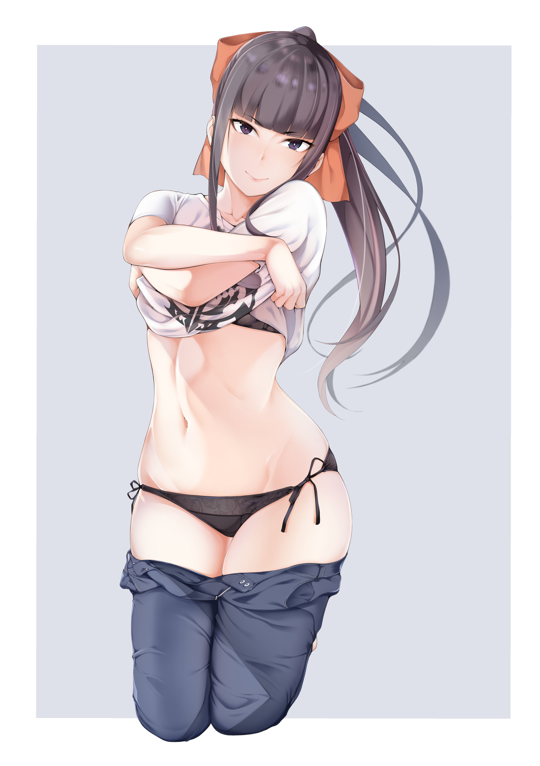 1girls, black hair, bra, breasts, female, long hair, looking at viewer, narberal gamma, overlord (maruyama), panties, small breasts, smile, solo, standing, tagme, tarakan, undressing