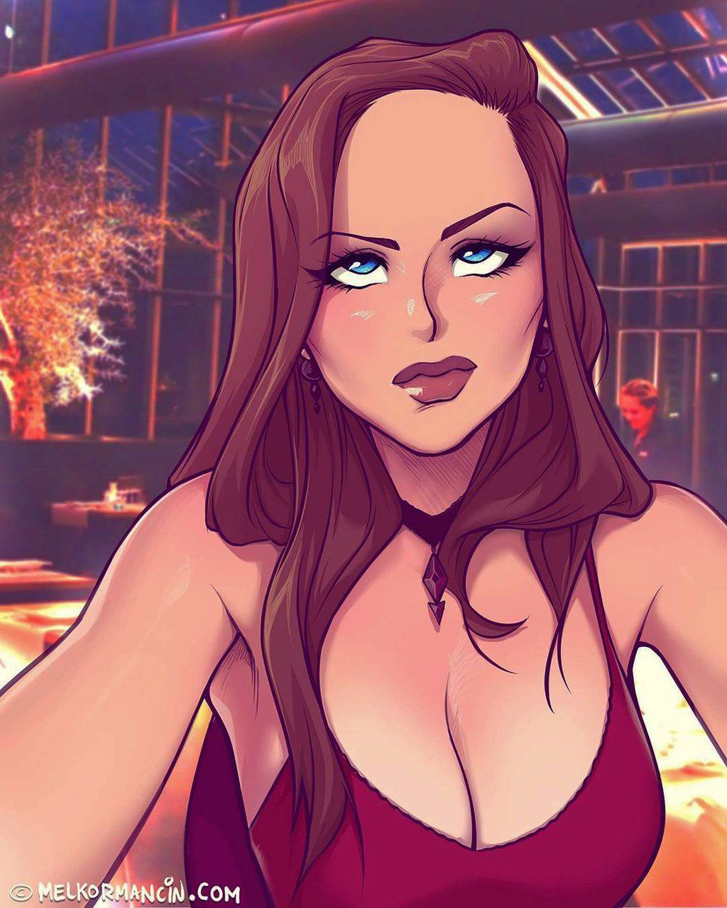 1girls bar big_forehead blue_eyes breasts brown_hair brunette cheating_wife diner earrings janice_hanson mature_female mature_woman melkor_mancin necklace original red_dress wife