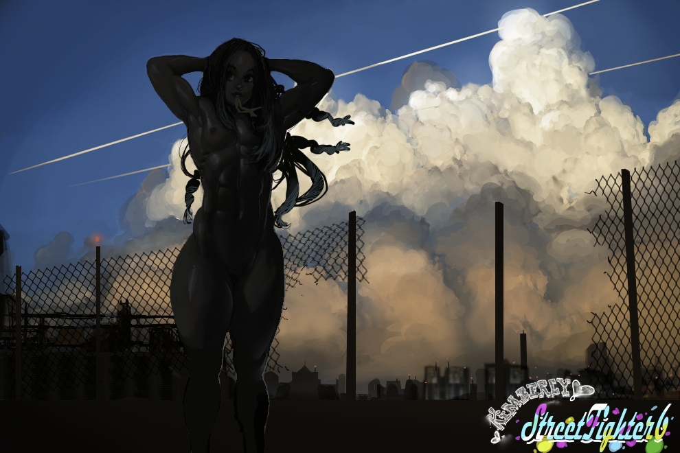 1girls abs androgynous arms_above_head breasts capcom city clouds dark-skinned_female dark_skin dreadlocks female fence kimberly_jackson muscular_female nude sky street_fighter street_fighter_6 string thick_thighs ziroko