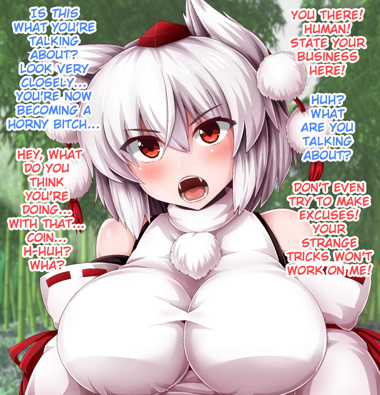 1girls, angry, big breasts, blush, breasts, clothing, dog ears, english text, fangs, female, female only, hard translated, hypnosis, inubashiri momiji, mind control, momiji inubashiri, monaka (gatinemiku), pov, red eyes, sleeves, solo, tengu, touhou, white hair