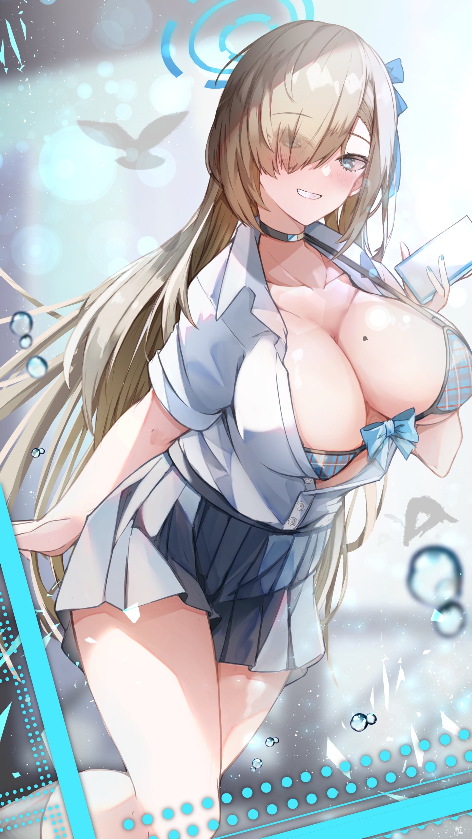 artist request, asuna (blue archive), blonde hair, blue archive, blue bra, blue eyes, breasts, cellphone, cleavage, female, hair over one eye, holding phone, large breasts, light brown hair, long hair, looking at viewer, miniskirt, mole on breast, open clothes, open shirt, school uniform, schoolgirl, shirt, skirt, thick thighs, thighs, uncensored, white shirt, wide hips