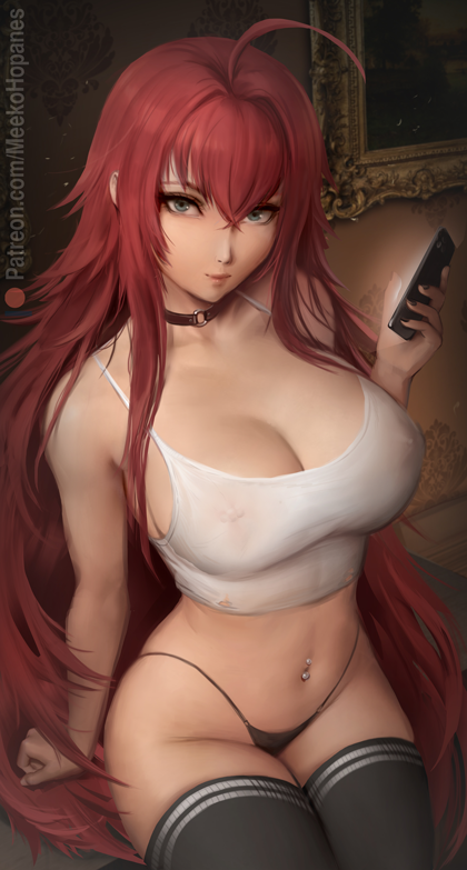 1girls, 2022, ahoge, breasts, cleavage, female, female only, hartman hips, high school dxd, hips, holding object, huge breasts, light skin, light-skinned female, long hair, meekohopanes, panties, phone, red hair, rias gremory, slim waist, tank top, thick thighs, thigh squish, thighhighs, thighs, wide hips
