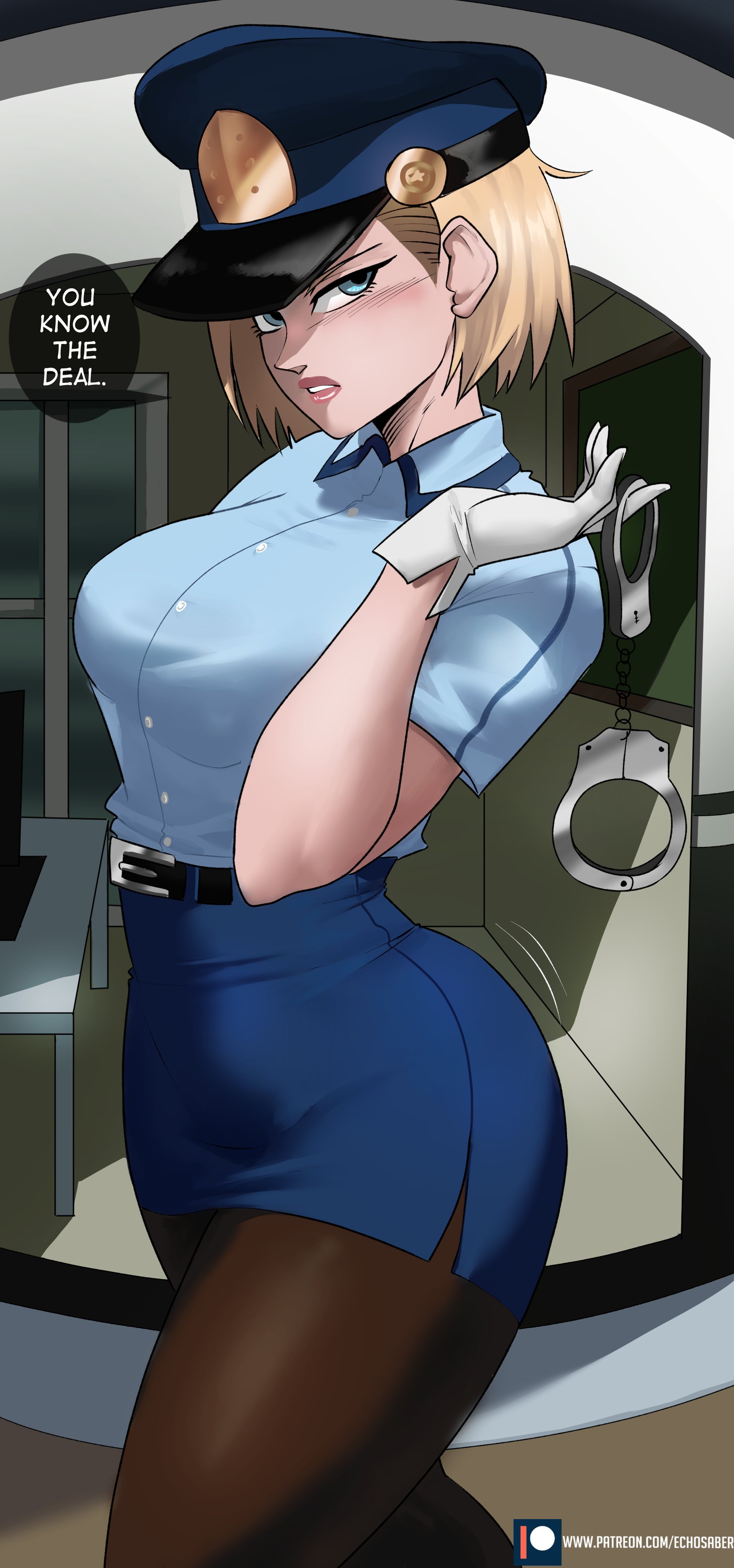 1girls, android 18, big breasts, black belt, blonde hair, blue eyes, blue hat, blue shirt, blue skirt, breasts, buttons, chalkboard, dragon ball, dragon ball z, echosaber, female, female only, fully clothed, gloves, handcuffs, pantyhose, police, police hat, police officer, police uniform, policewoman, short sleeves, solo, tagme