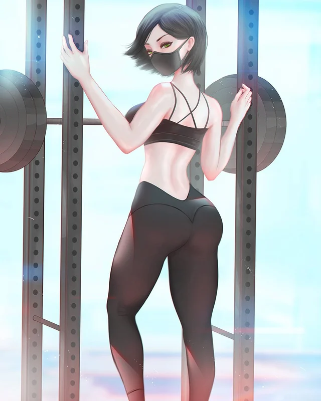 ass black_hair female green_eyes mask mcdobo valorant viper_(valorant) workout