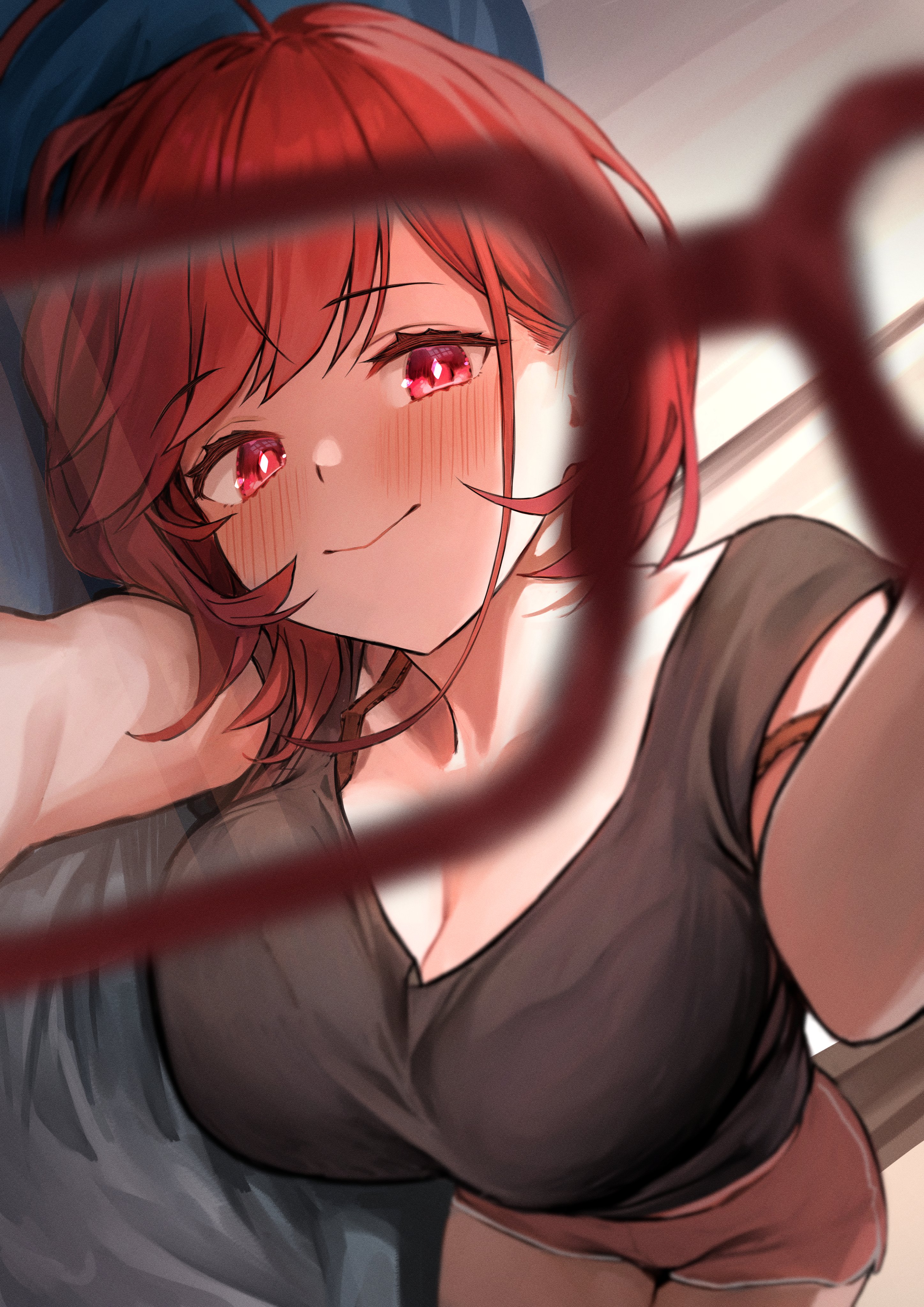 bed, big breasts, blush, breasts, female, glasses, laying down, marse (rokudaime), red eyes, red hair, smile, tagme, white pupils