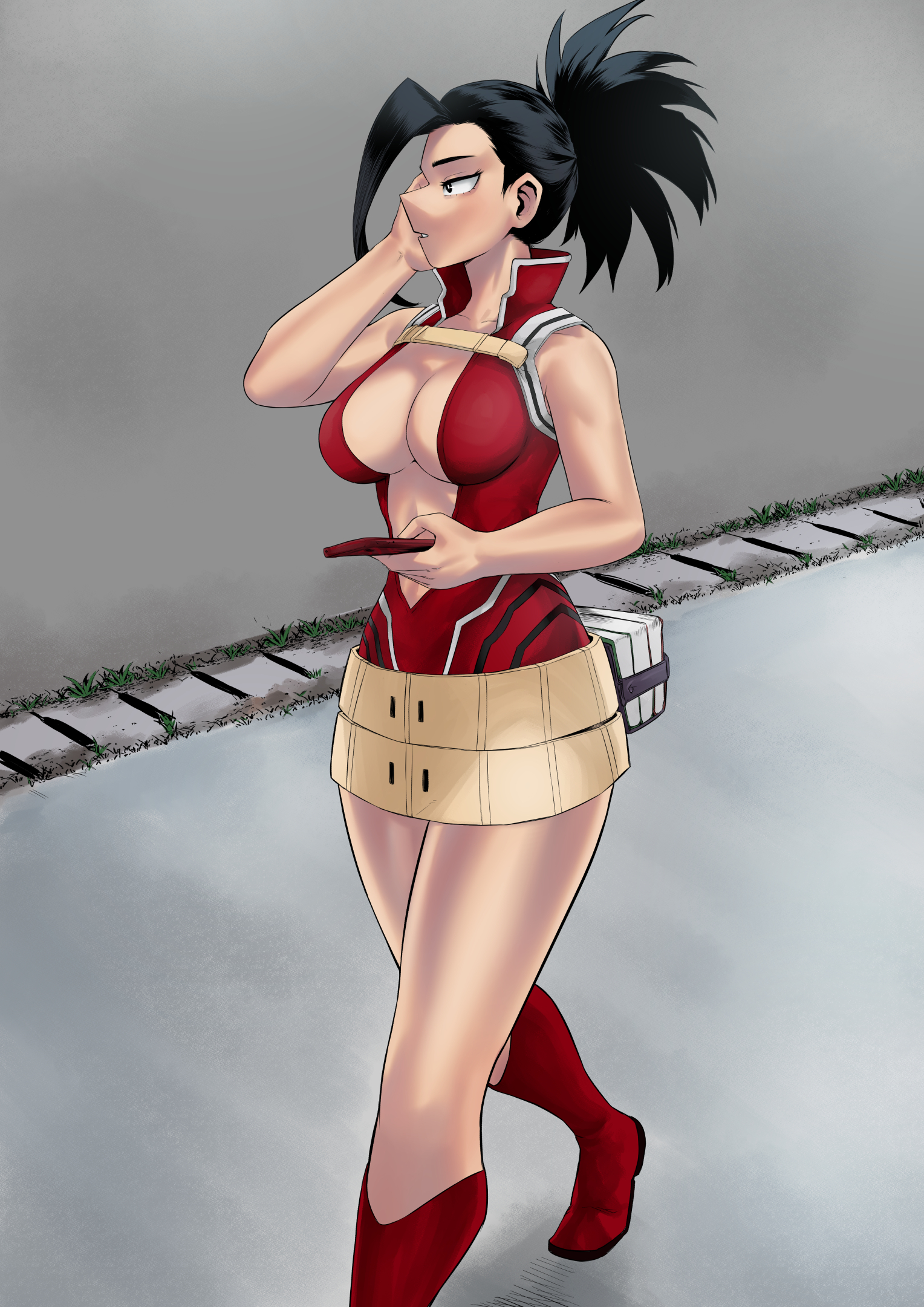1girls, 2022, amano44, big breasts, black hair, black-haired female, breasts, female, hero outfit (mha), high resolution, highres, human, human female, large breasts, leotard, light-skinned female, long hair, momo yaoyorozu, momo yaoyorozu (hero outfit), my hero academia, now you're thinking with portals, ponytail, portal sex, shounen jump, superheroine