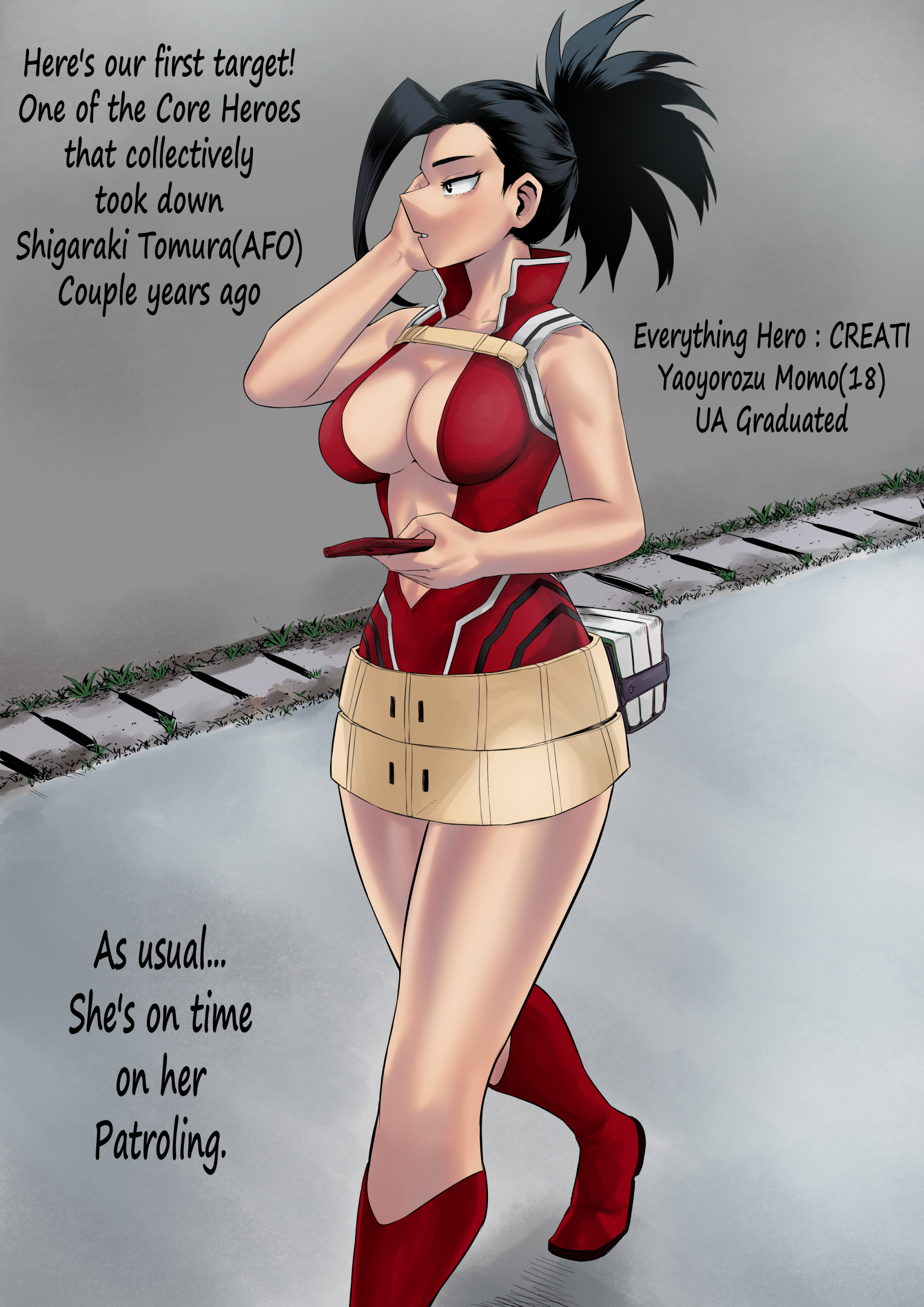 1girls, 2022, amano44, big breasts, black hair, black-haired female, breasts, female, hero outfit (mha), high resolution, highres, human, human female, large breasts, leotard, light-skinned female, long hair, momo yaoyorozu, momo yaoyorozu (hero outfit), my hero academia, now you're thinking with portals, ponytail, portal sex, shounen jump, superheroine