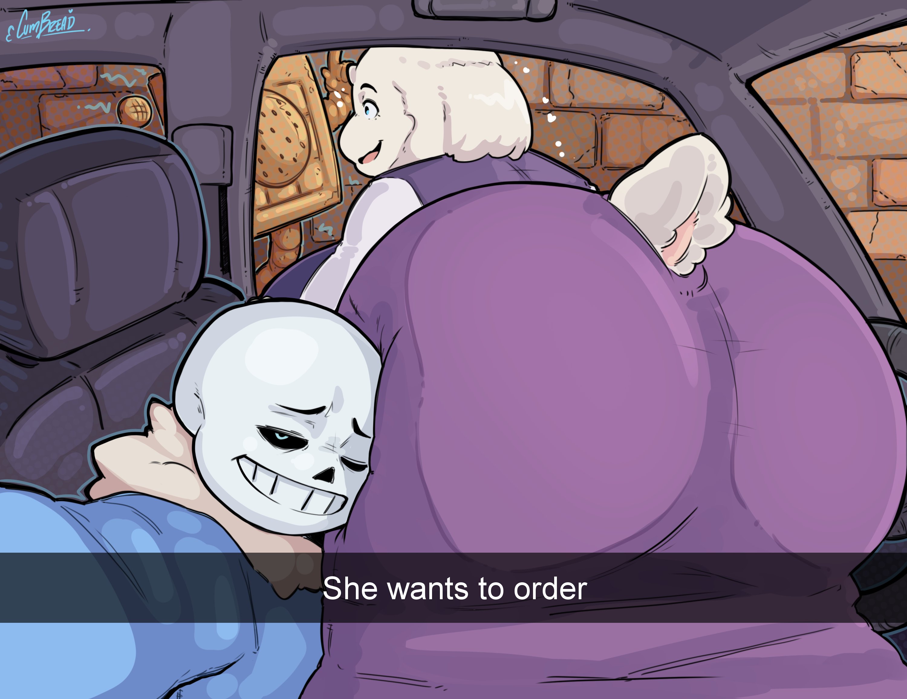 1boy, 1girls, 2d, anthro, ass, ass focus, ass in dress, bbw, car, cumbread, drive thru, english text, female, funny, furry, goat, goat mom, he wants to order, head tilt, huge ass, male, meme, sans, selfie, she wants to order, snapchat, text, toriel, undertale, undertale (series), voluptuous