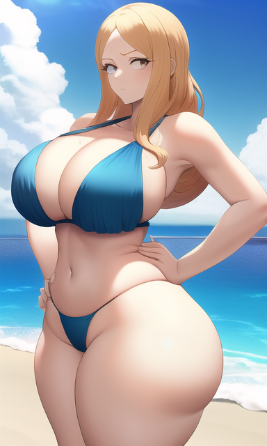 ai generated, ass, beach, big ass, bikini, bimbo, blue bikini, breasts, camie utsushimi, female, female focus, hands on hips, huge ass, huge breasts, large breasts, long hair, looking away, my hero academia, orange hair, pov, solo, solo focus, thick ass, thick thighs