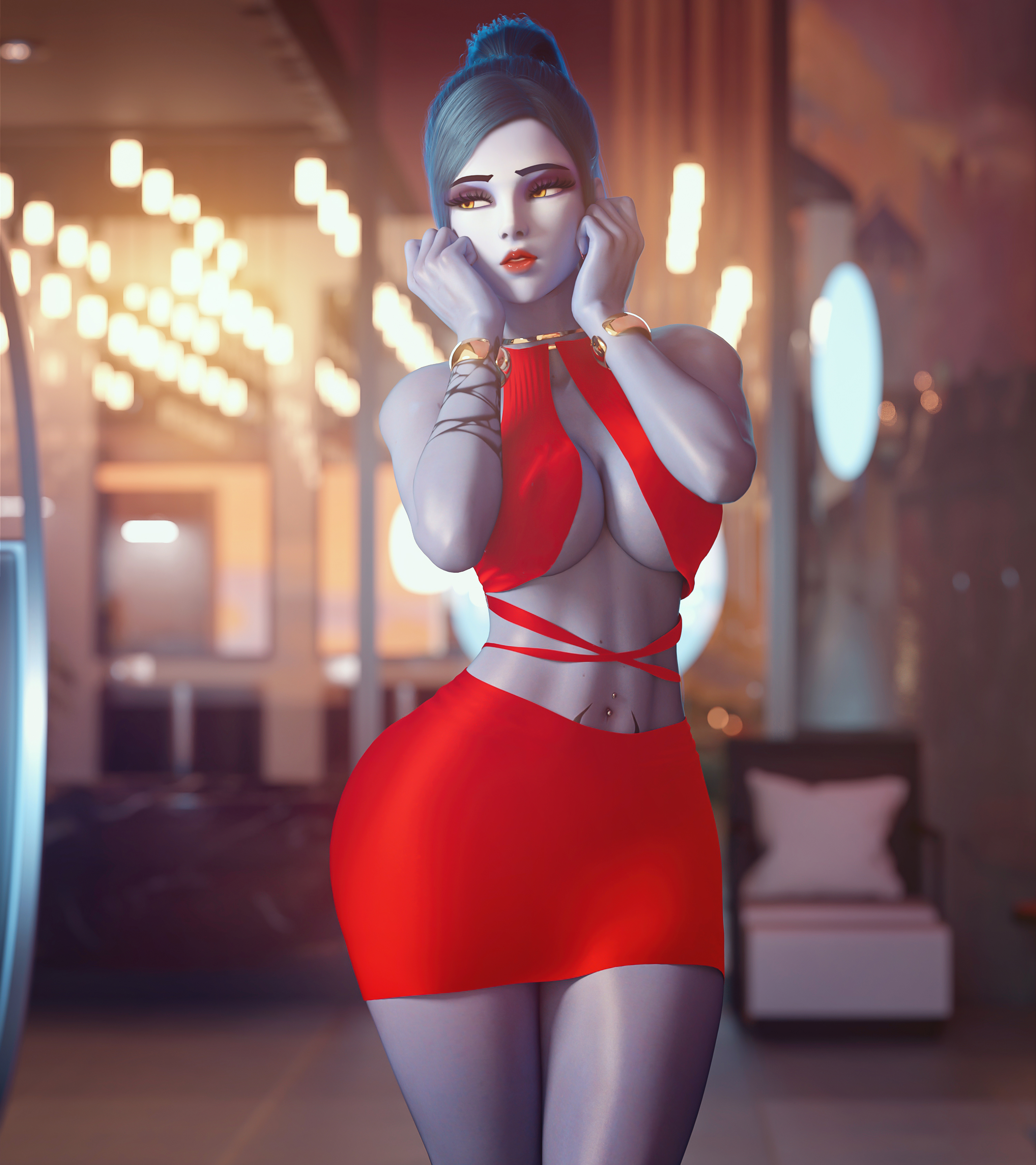 3d, abs, big breasts, blizzard entertainment, breasts, cute, dress, female, hair bun, looking away, muscular, muscular female, noahgraphicz, overwatch, purple hair, purple skin, red dress, seductive, seductive look, seductive smile, solo, solo female, standing, tattoo, teasing, thick thighs, widowmaker, yellow eyes