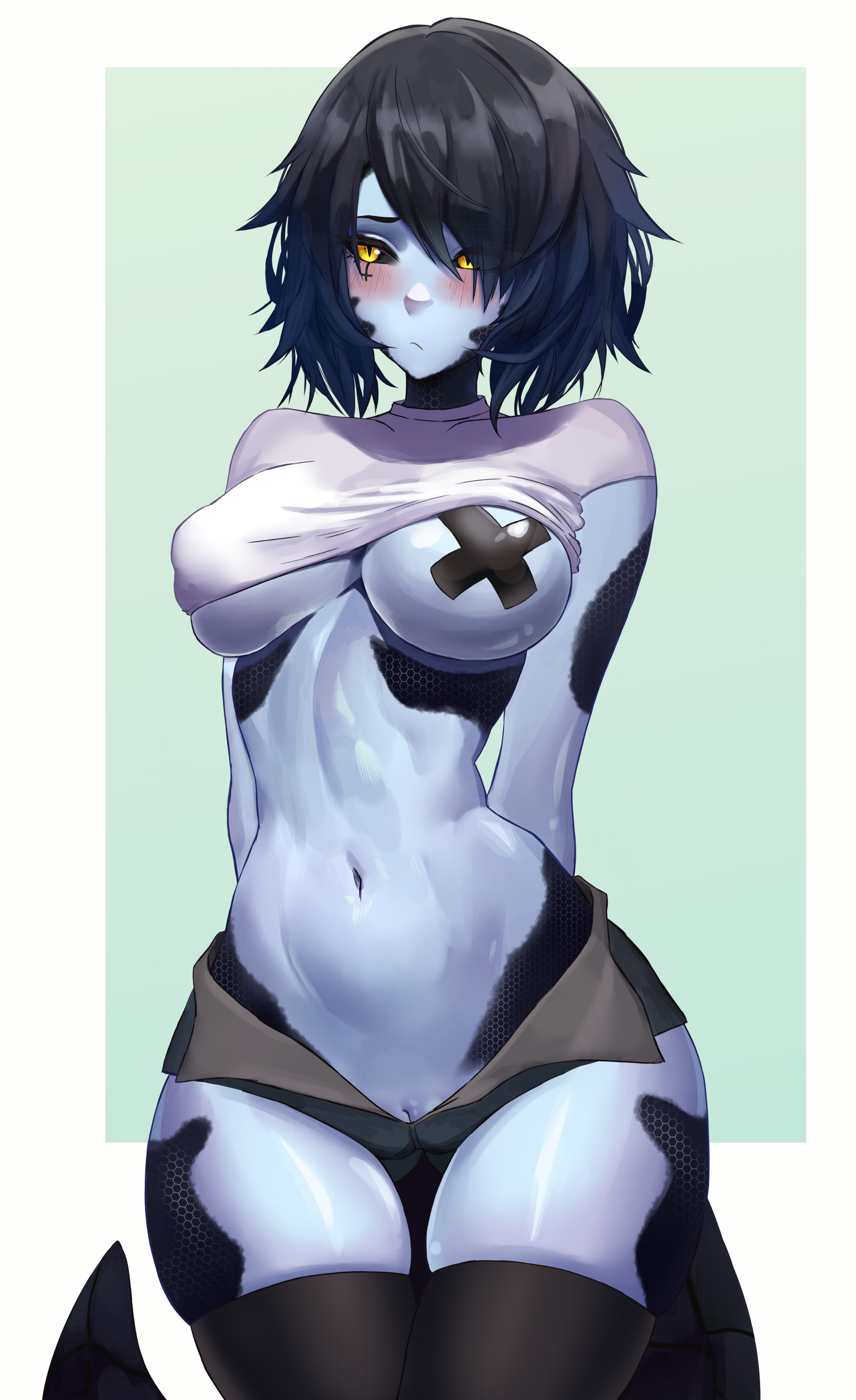 big breasts, blue skin, breasts, female, female only, meowrim, micro shorts, oc, pasties