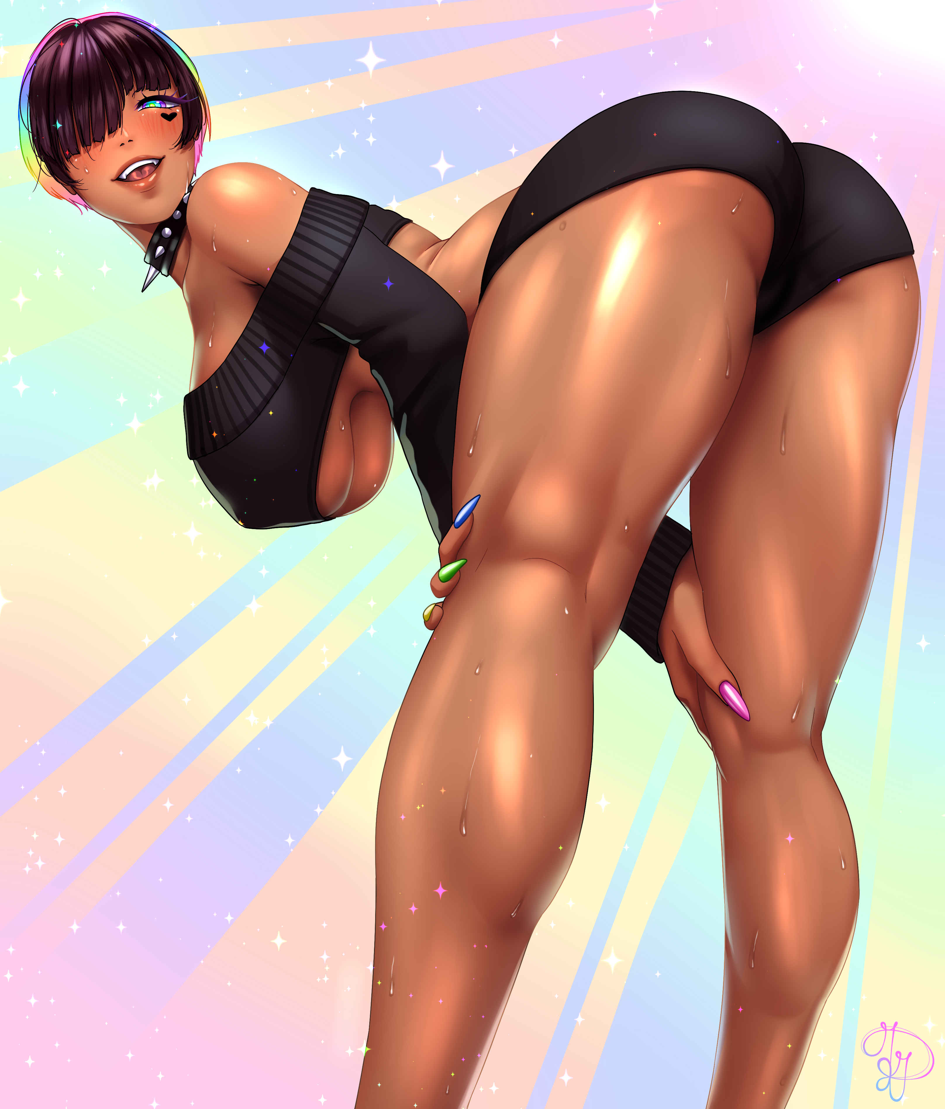 1girls, ass, berserk, big breasts, black hair, breasts, casca, dark skin, dark-skinned female, female, female only, gessegordan, human, short hair, shorts, solo, thick thighs, tomboy, underboob, very short hair
