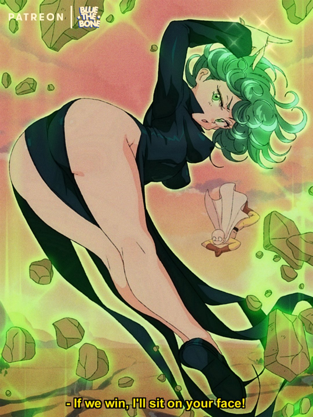 1boy, 1girls, ass, bald, bald male, big ass, bluethebone, bubble ass, bubble butt, cape, dress, english text, female, green hair, huge ass, male, meme, one-punch man, retro artstyle, saitama, tagme, tatsumaki