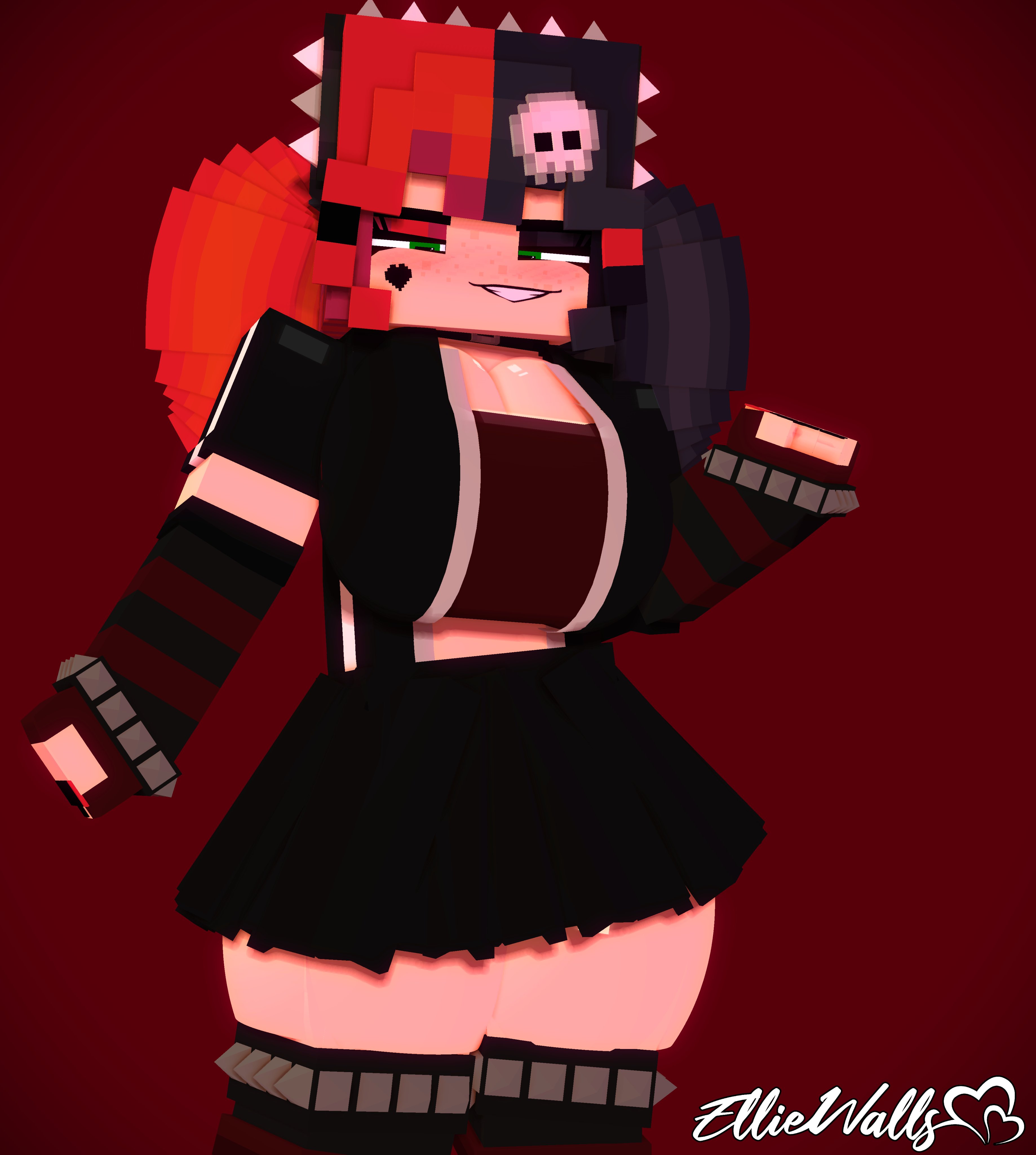 1girls, 3d, big breasts, breasts, cleavage, clothing, ellie walls (odysseyellie), face tattoo, female, female only, freckles, goth, goth girl, green eyes, heart tattoo, horny female, huge breasts, jacket, looking at viewer, mine-imator, minecraft, odysseyellie, skirt, skull hair ornament, smile, solo, spiked hairband, standing, strip game, tagme, tattoo, thick thighs, thighhighs, twintails, two-tone hair, undershirt, wide hips