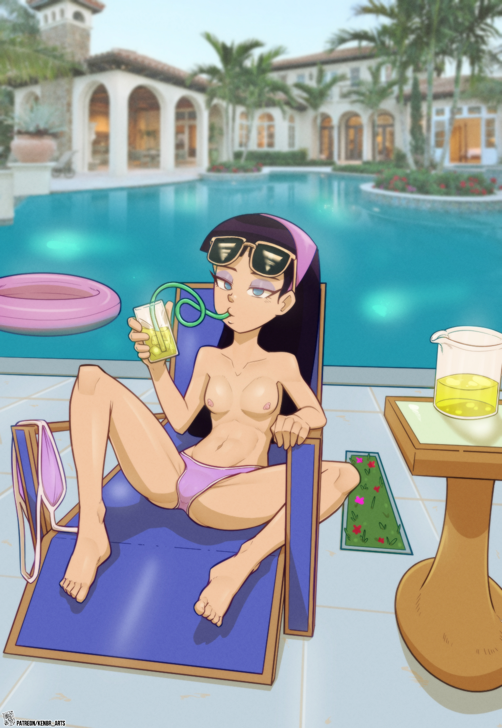 1girls bikini drinking kenbr_arts lying_on_back nickelodeon nipples pool poolside sitting_on_chair small_breasts smooth_skin sunglasses_on_head the_fairly_oddparents topless topless_female trixie_tang unimpressed