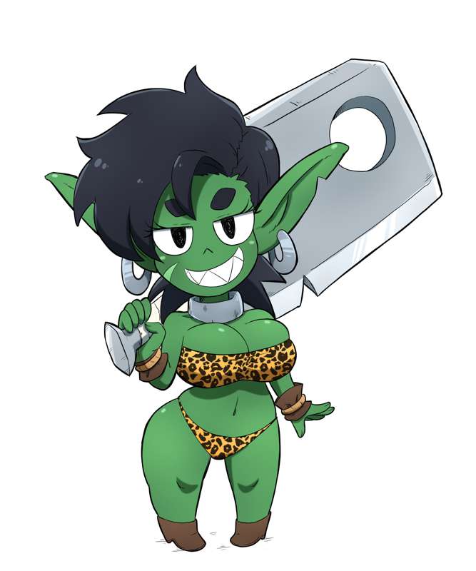 1girls big_ass big_breasts black_eyes black_hair cheetah_print choker cleaver earrings facial_scar full_body goblin goblin_female green_skin grinning grinning_at_viewer hi_res knife kobi-tfs looking_at_viewer navel sharp_teeth shortstack smiling_at_viewer sword thick_thighs weapon_over_shoulder wide_hips