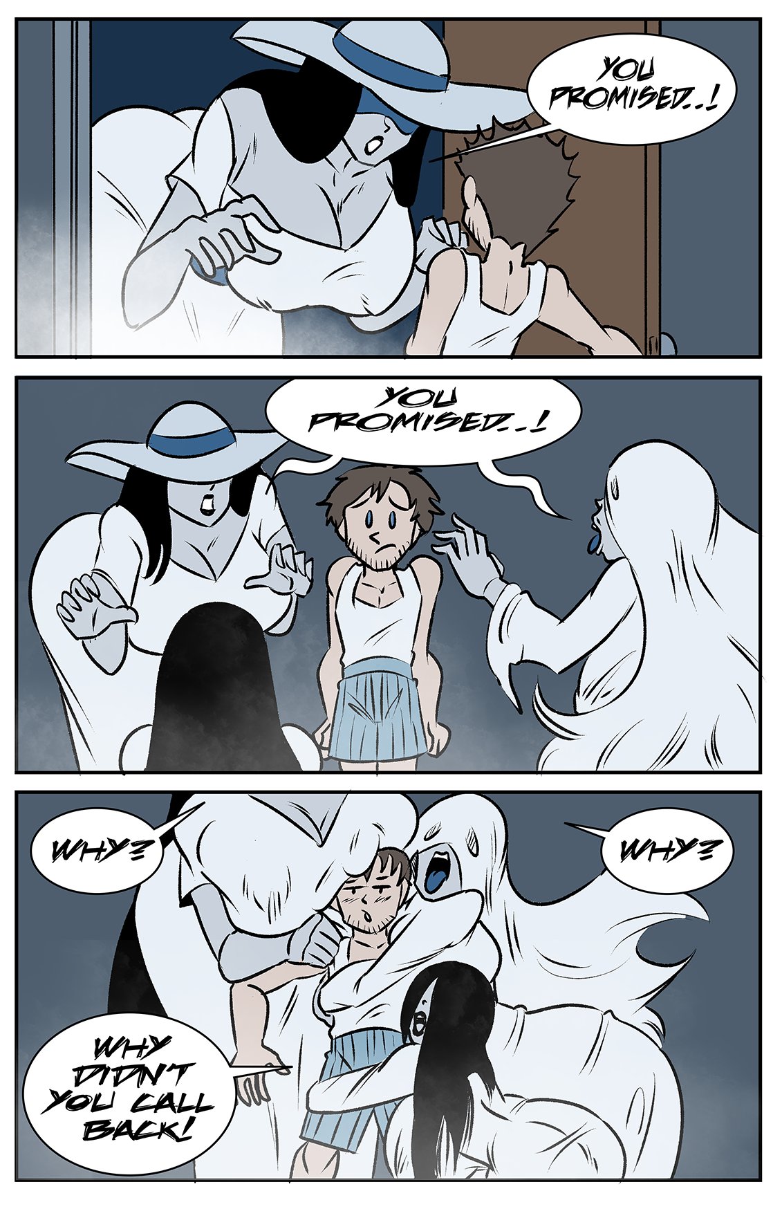 1boy, 3girls, ass, ass in dress, big breasts, black hair, black lipstick, breasts, dialogue, female, female focus, ghost girl, glassfish, hair over eyes, harem, hasshaku-sama, japanese mythology, male, monster girl, straight, taller female, the ring, wide hips, yamamura sadako, yokai