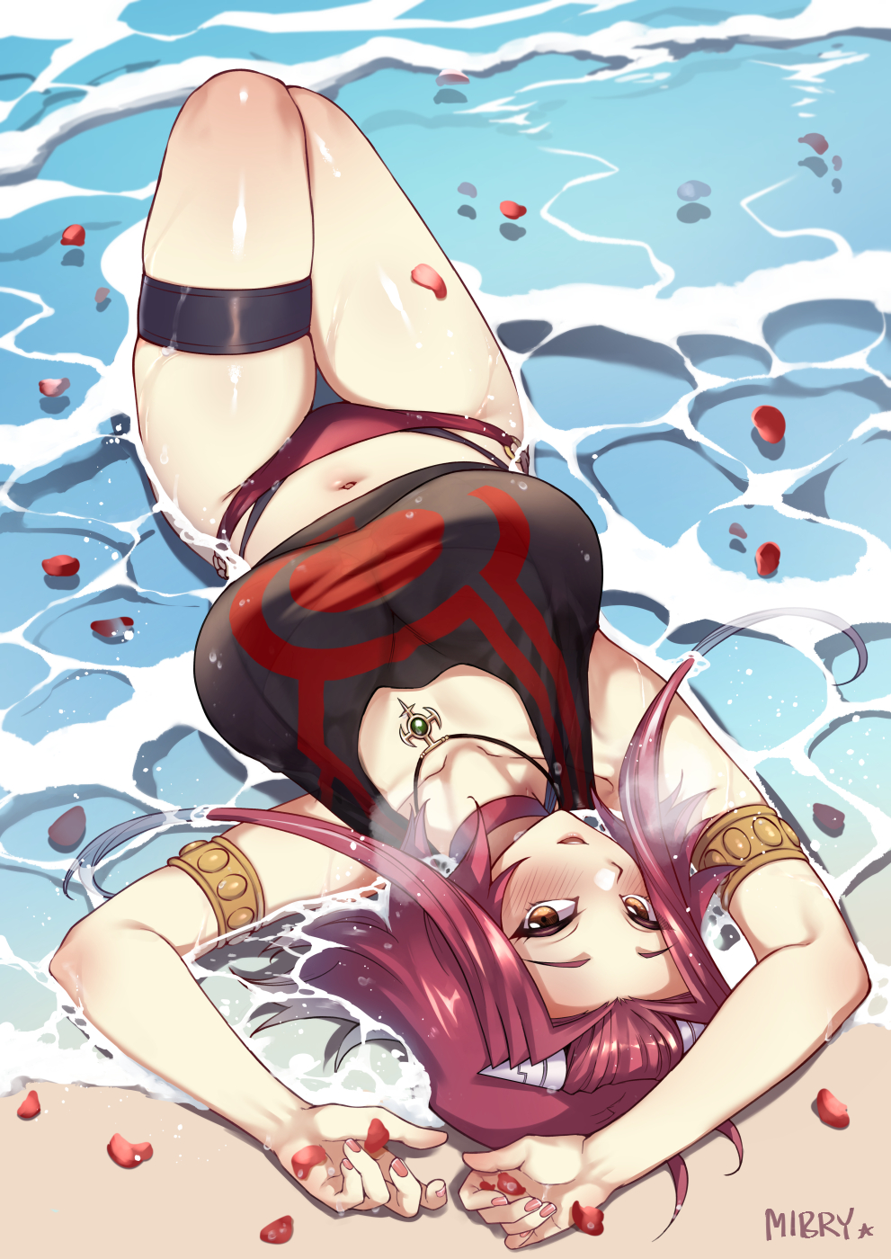 akiza izinski, armpits, arms up, blush, breasts, brown eyes, cleavage, female, female only, izayoi aki, large breasts, looking at viewer, lying down, medium hair, mibry (phrysm), necklace, open mouth, panties, red bikini, red choker, red collar, red hair, red panties, sea, solo focus, thick thighs, thigh strap, thighs, uncensored, underwear, wide hips, yu-gi-oh!, yu-gi-oh! 5d's
