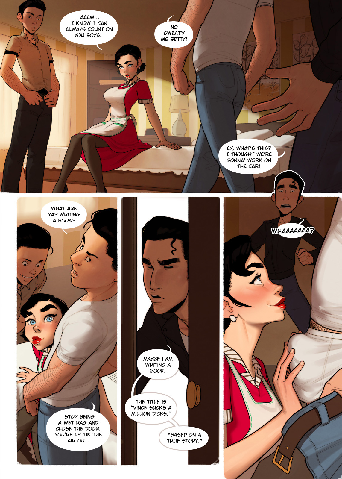1girls, 3boys, apron, black hair, blue eyes, bulge, cheating, cheating wife, comic, comic page, comic panel, female, incase, light skin, light-skinned male, lipstick, male, red lipstick, straight, tagme, wife